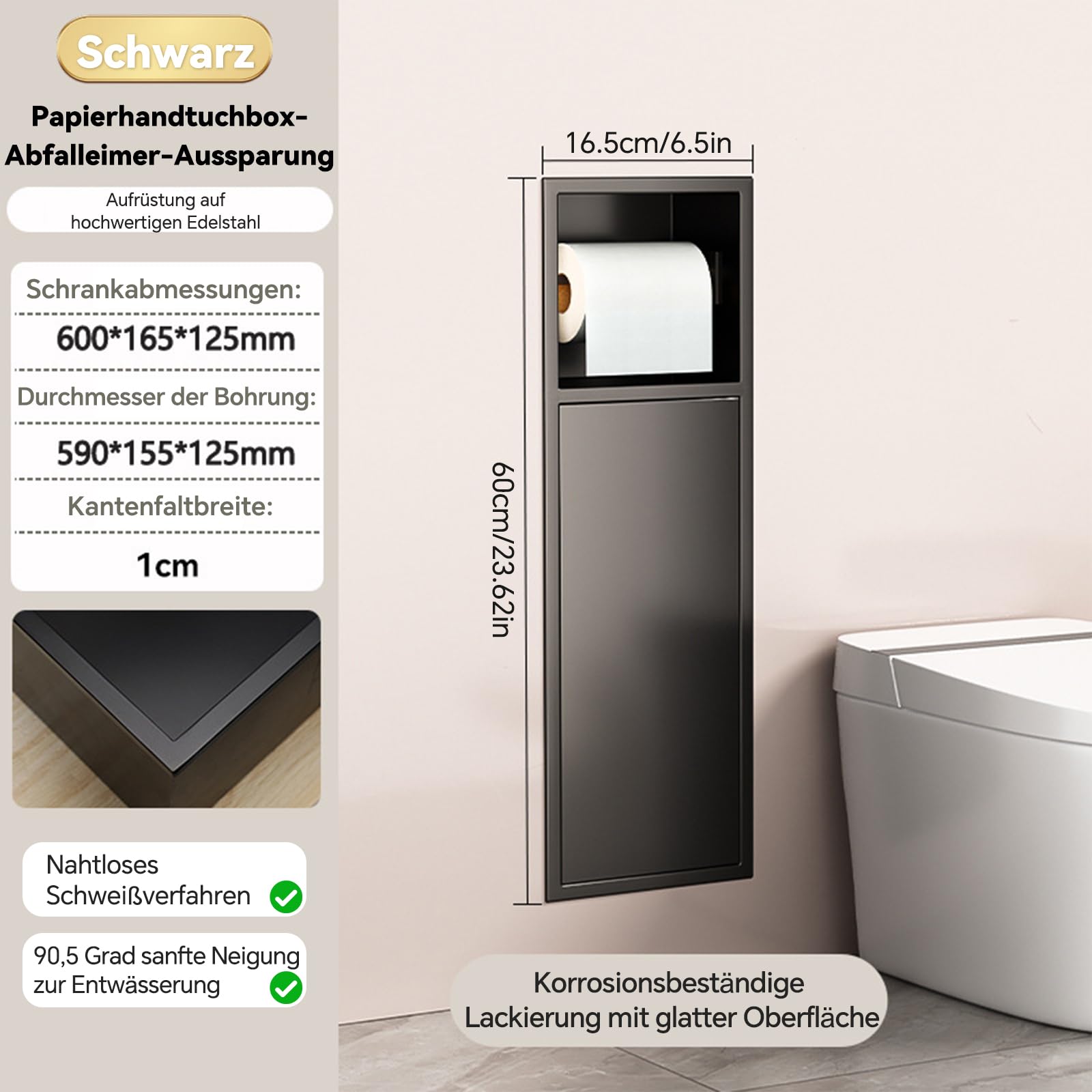 Portarrollos de papel higiénico empotrado de acero inoxidable con puerta corredera, armario de baño con portarrollos para el conjunto de escobillas, negro/blanco, 60 x 16,5 x 12,5 cm (negro)