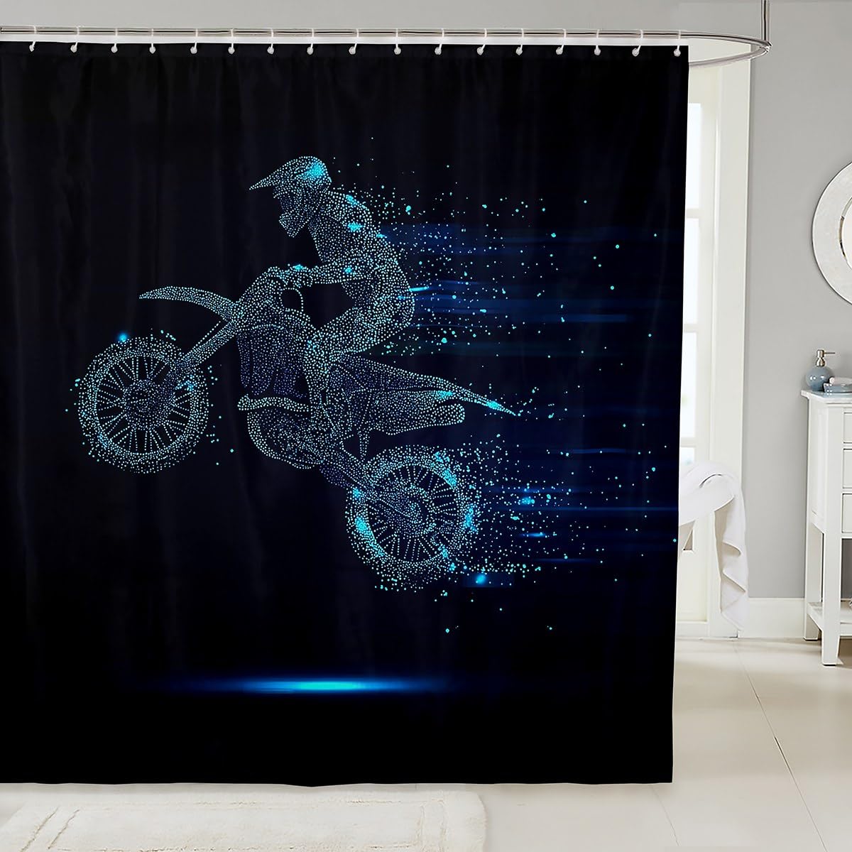 Boy Dirt Bike Shower Curtain, Motocross Rider Bathtub Shower Curtain Motorbike Sport Game Curtains &amp; Drapes For Kids, Motorcycle Extreme Sport Bath Curtain, Blue Tie Dye Curtain 72" W X 84" L