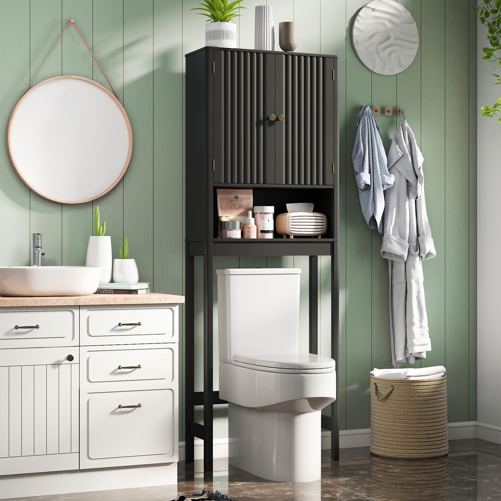 COSTWAY Mueble sobre Inodoro, Mueble de Baño con Puertas Acanaladas, Estante Ajustable en 3 Posiciones y Barra Inferior Ajustable en 3 Niveles,Armario Alto sobre el Inodoro con Almacenamiento (Negro)