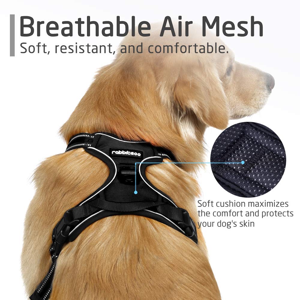 rabbitgoo Pettorina Cane Taglia Grande, Pettorina Cane ad h Regolabile con 2 Ganci in Metallo, Imbracatura per Cani Anti Tiro Riflettente, Imbracatura Traspirante per Addestramento Corsa, Nero, XL