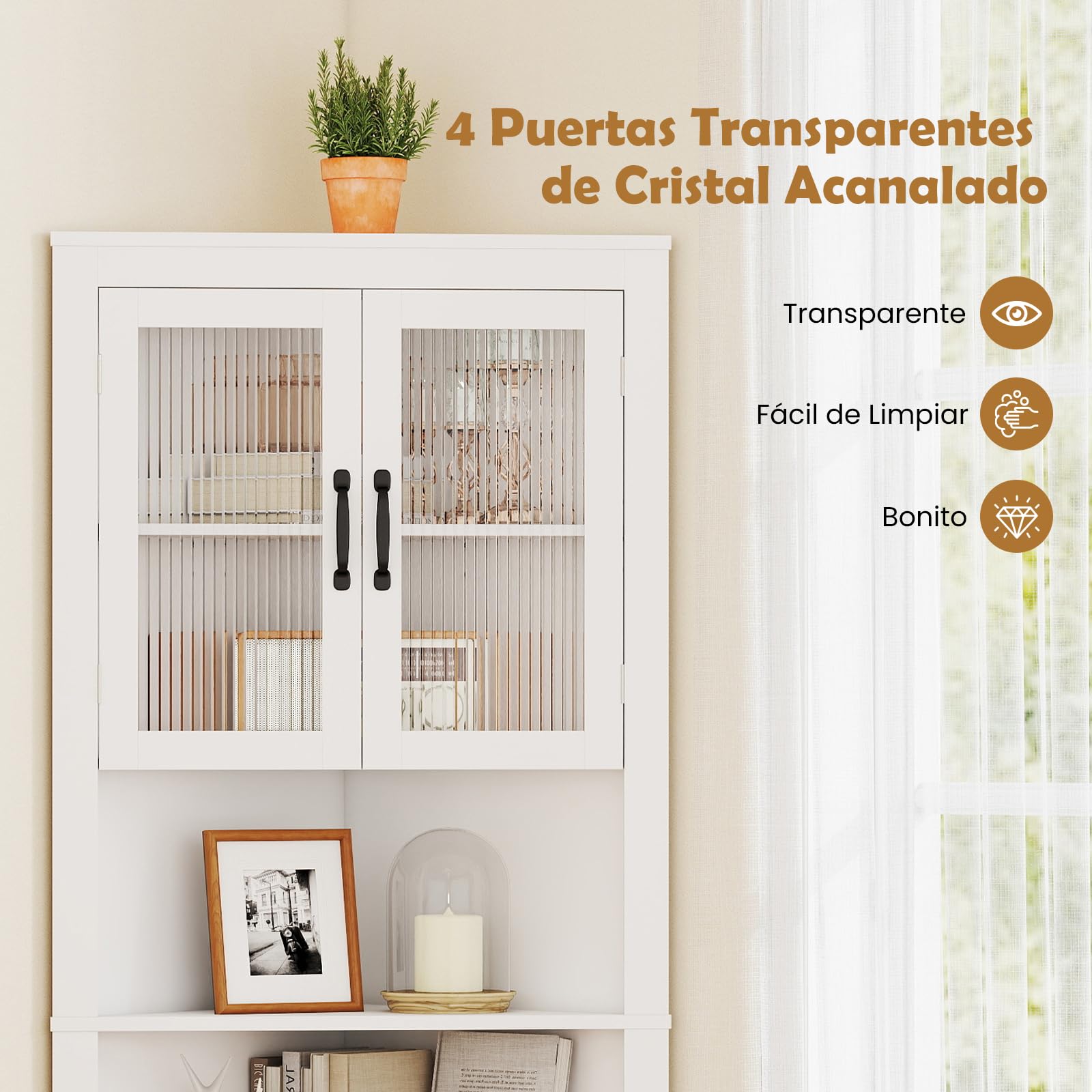 GOPLUS Armario de Esquina de 6 Niveles, Gabinete Alto Esquinero con 4 Puertas de Vidrio Templado, 2 Estantes Ajustables en 3 Niveles, Mueble de Baño de Suelo para Salón Cocina, Blanco