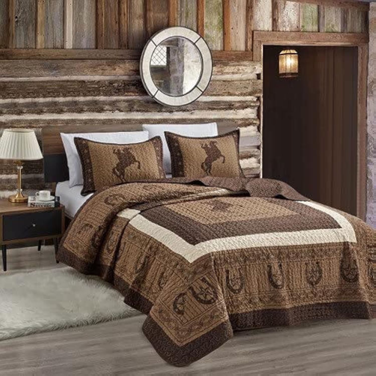 Sapphire Home Luxury 3-Piece Quilt Bedspread Set - Western Design Collection - Wild Horse Country/Horseshoe/Star/Cowboy/Southwestern Blue/Tayler Design w/Pillow Sham - King Size, CoffeeBrown