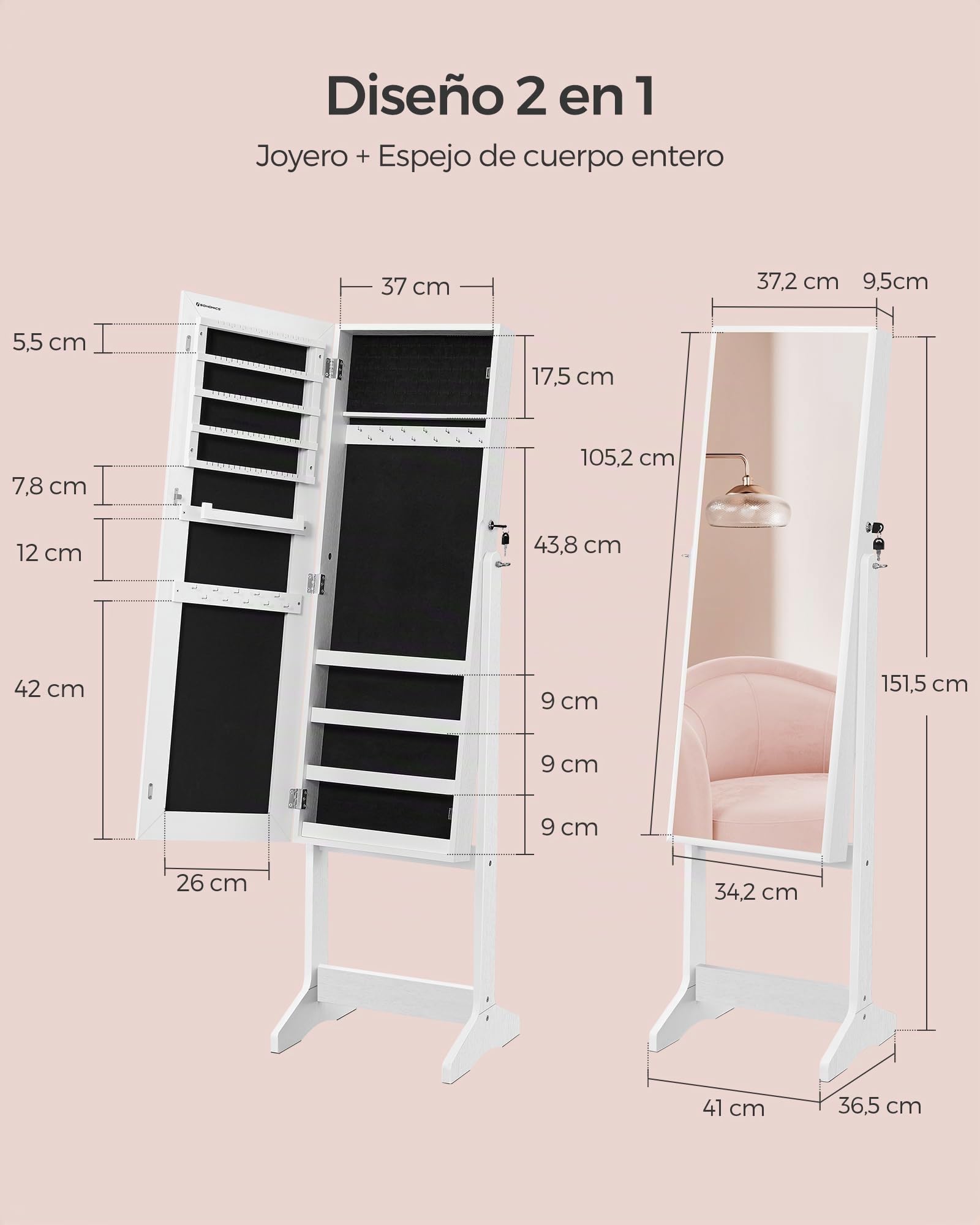 SONGMICS Espejo Joyero, Armario para Joyas, Armario Joyero Bloqueable, Espejo de Longitud Completa, Idea para Regalo, Montaje Sencillo, Superficie Blanca y Forro Negro JJC69WT