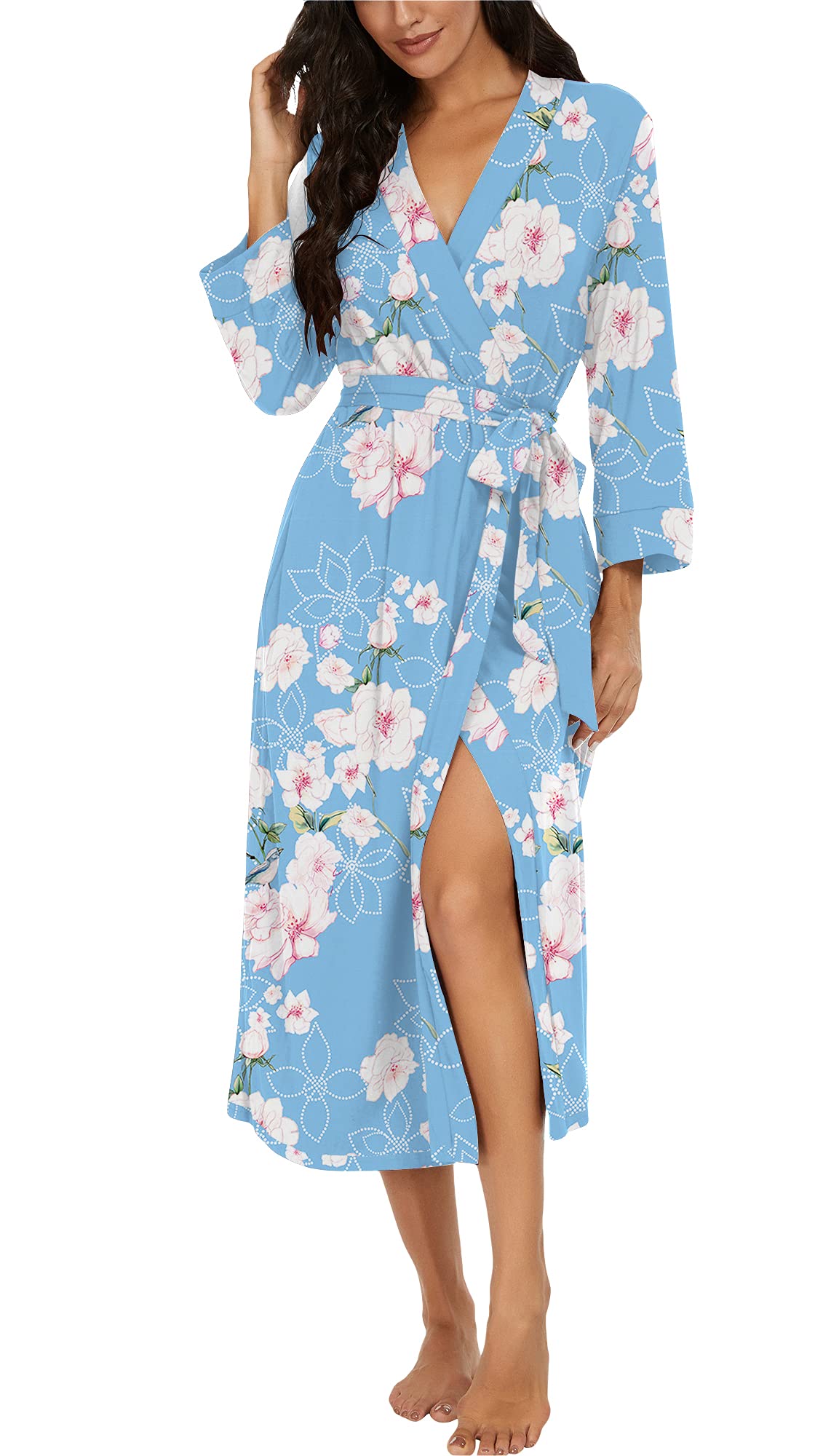 VINTATREWomen Kimono Robes Long Knit Bathrobe Lightweight Soft Knit Sleepwear V-neck Casual Ladies Loungewear