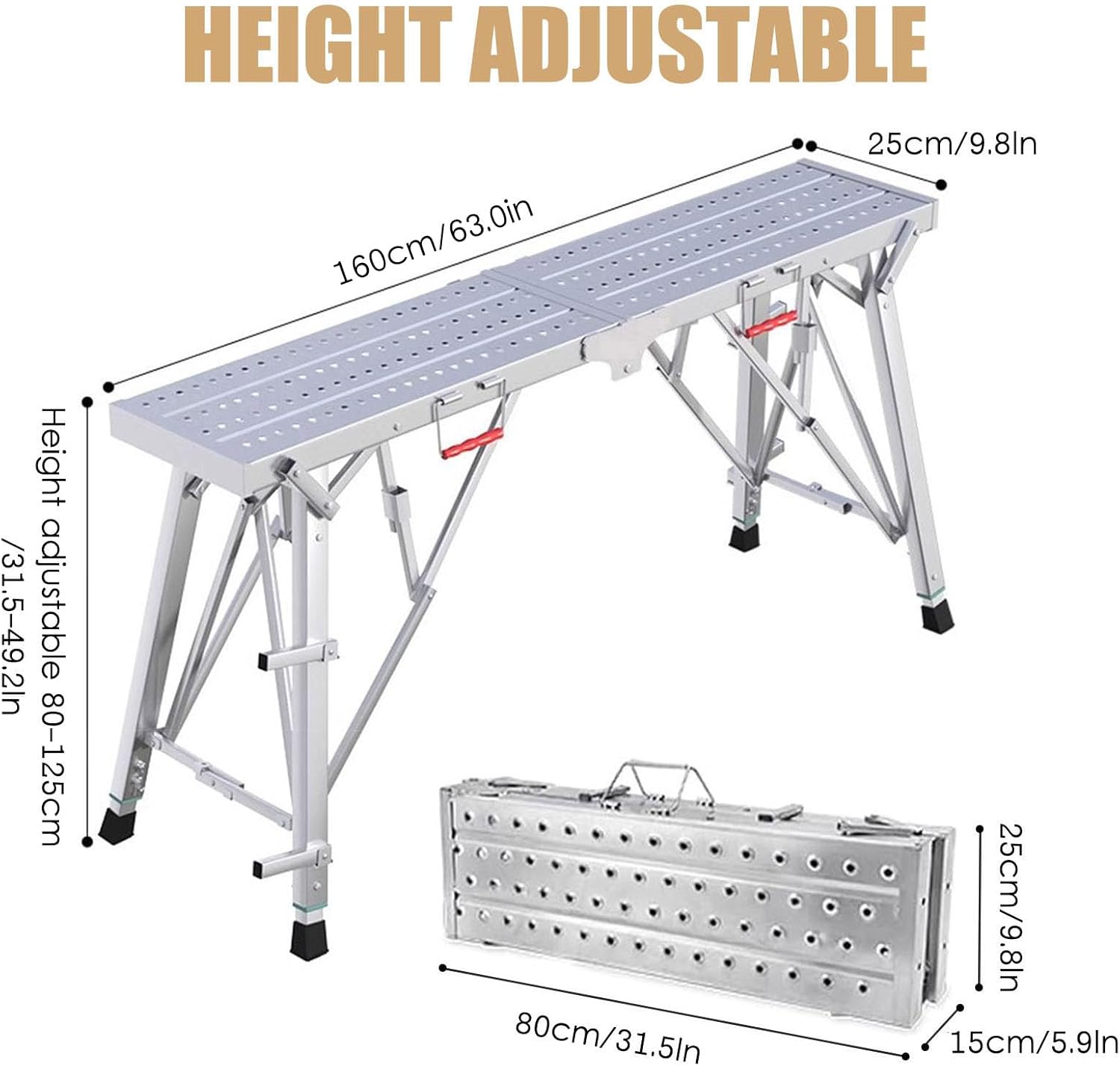 Folding Scaffolding, Portable Work Platform with 600 lbs Capacity, Adjustable Height Step Ladder Non-Slip Drywall Painting Stool for Home Improvement, Car Washing