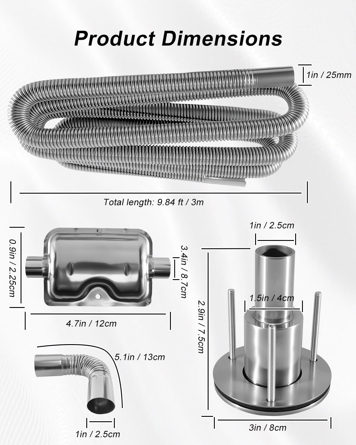 25mm x 300cm Diesel Parking Heater Pipe Kit with Stainless Steel Pipe, 24mm Thru-Hull Connector, 25mm Elbow Fitting and Hose Clamps for Car Truck RV
