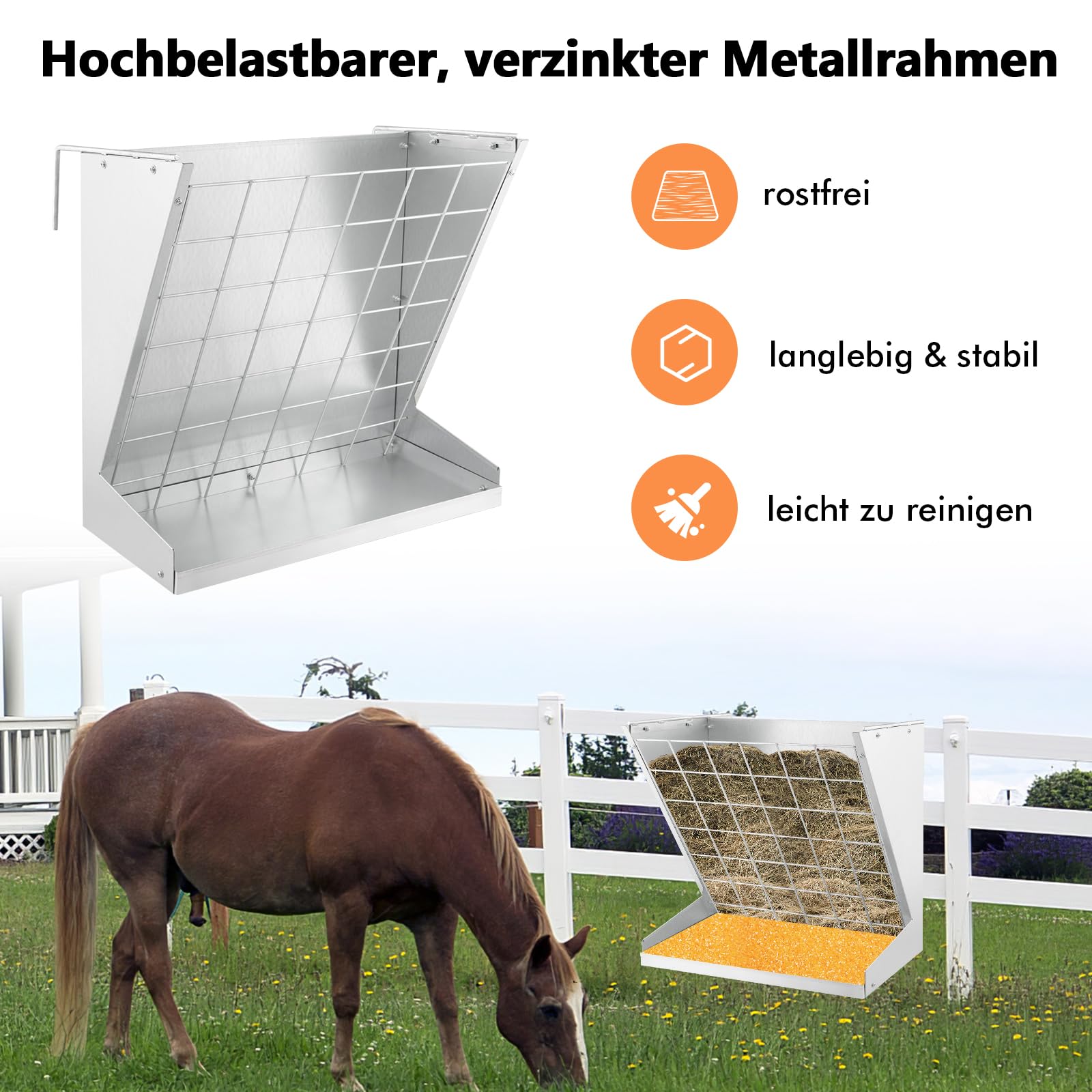 GYMAX Hängende Futterraufe 109L, Heuraufe für Heu & Getreide, Futterspender mit Futterspargitter & verstellbaren Haken, Futterstation für Ziegen, Schafe & Pferde, 71 x 32,5 x 68 cm