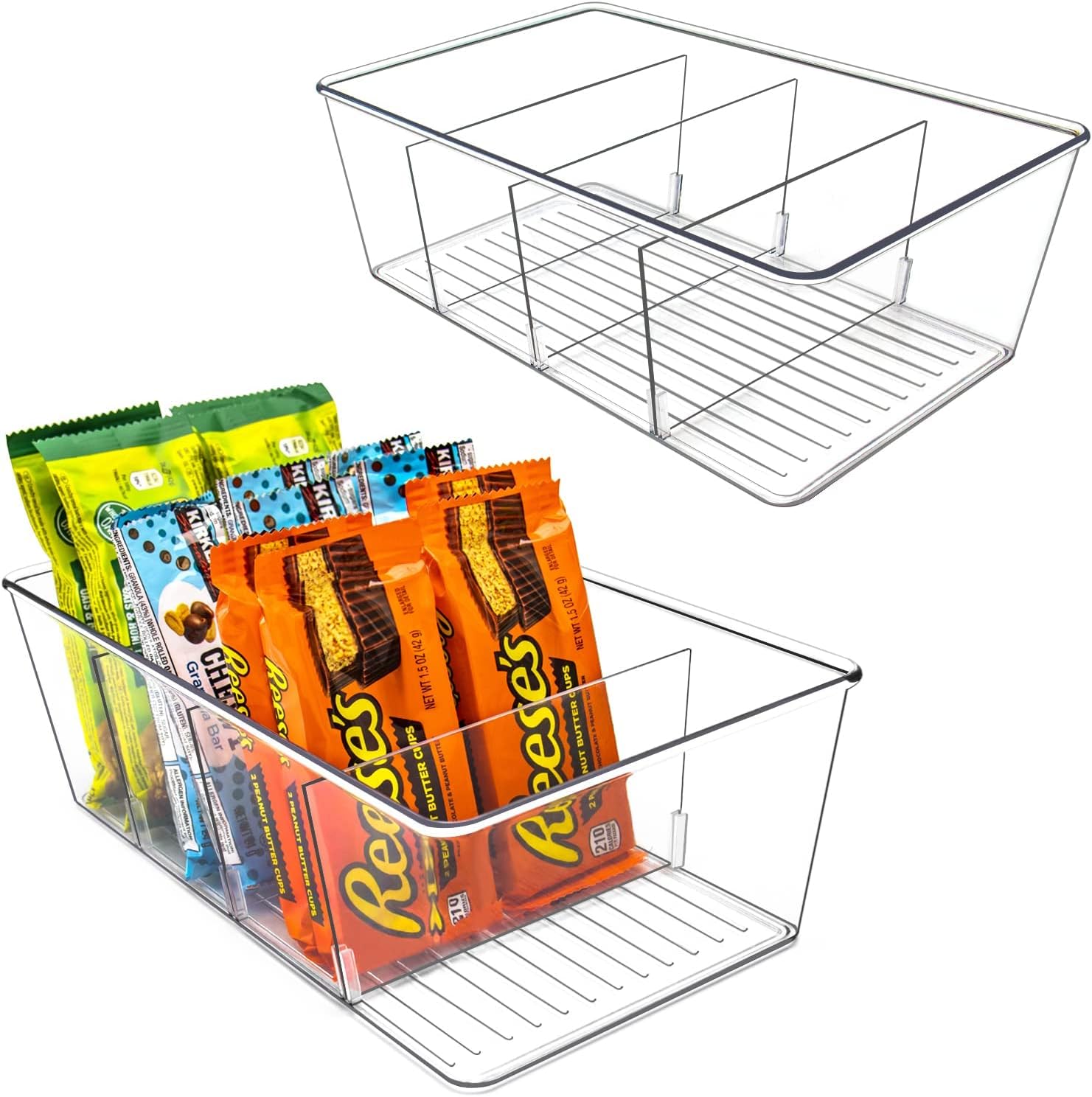 Cranviech 2 pack Home Pantry Organizer - Clear Refrigerator Organizer Bins, Pantry Organization and Storage Bins with Dividers - Kitchen Countertops and Cabinets,Stackable Storage Bins for Snack