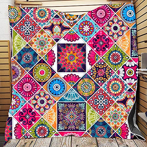 Mateju Copriletto Trapuntato Matrimoniale Singolo Elegante Coperta Trapunta Morbida Elegante Stampa Mandala Vintage Microfibra Imbottitur Antipolveri Copri Letto per Adulti (Geometria,150 * 200cm)