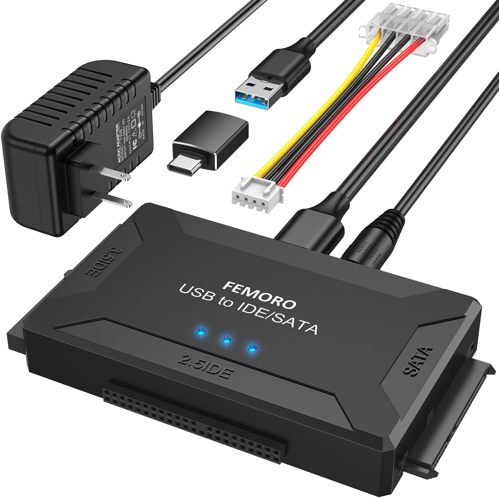 FEMORO Hard Drive Reader IDE SATA to USB 3.0 + USB C Adapter, 3in1 Ultra Data Retrieval Converter Kit with 12V/2A Power Supply for Internal 2.5'' SSD 3.5'' HDD IDE SATA Blu-ray Drive