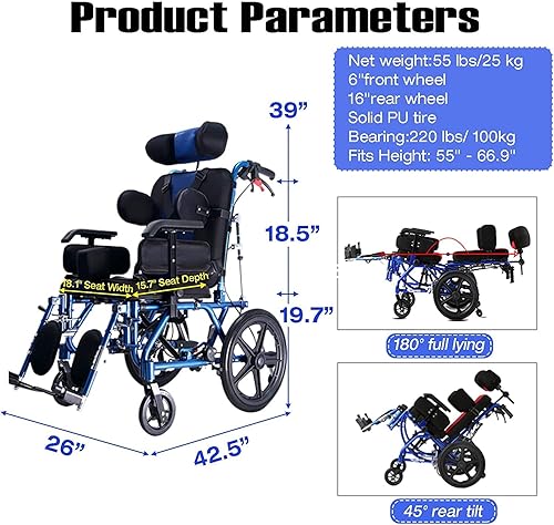 Miniatura 7 de Silla de ruedas Silla de ruedas totalmente acostada para accidente cerebrovascular hemiplejia discapacitada, parálisis cerebral, silla de ruedas