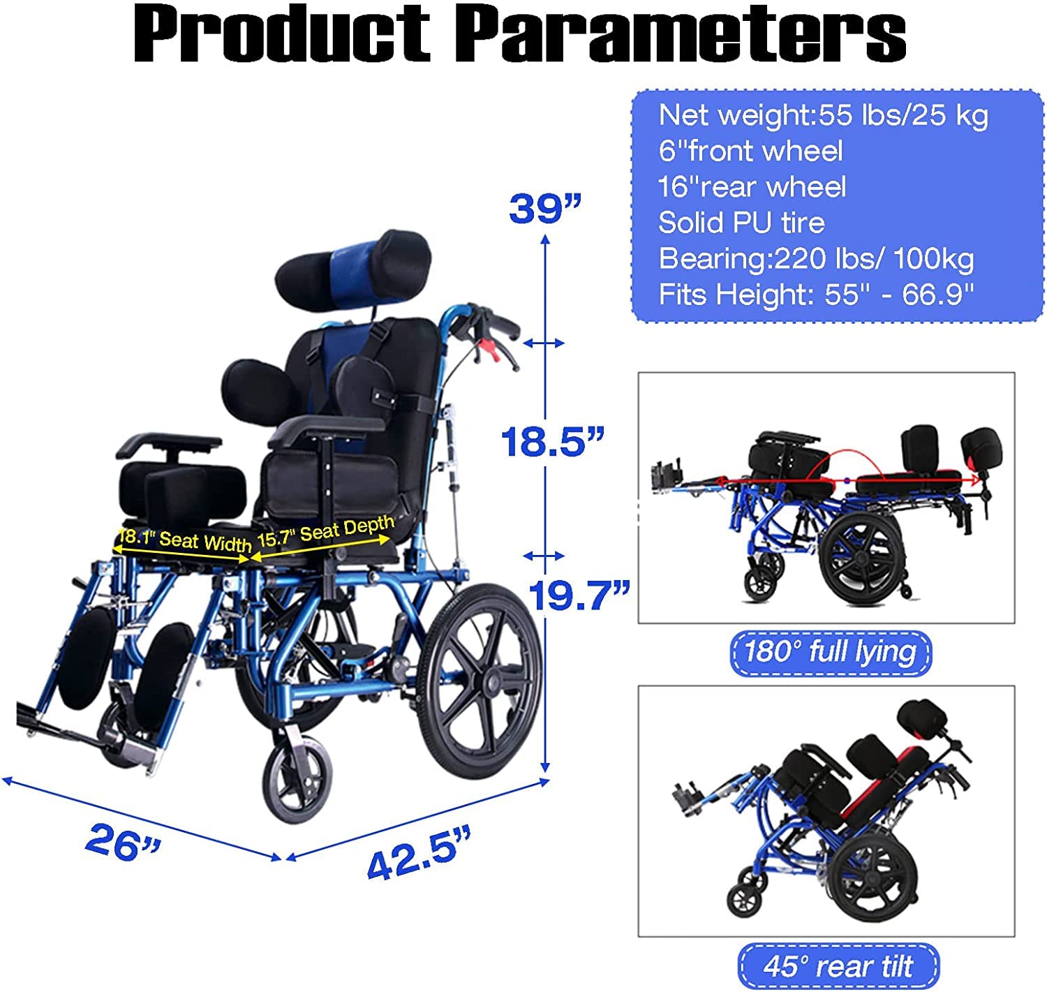 Silla de Ruedas Plegable Completa Reclinable Silla de Ruedas Infantil para Apoplejía Hemiplejia Discapacitados Parálisis Cerebral Aleación de Aluminio Silla de Ruedas Manual/Blue/18.1In Sea