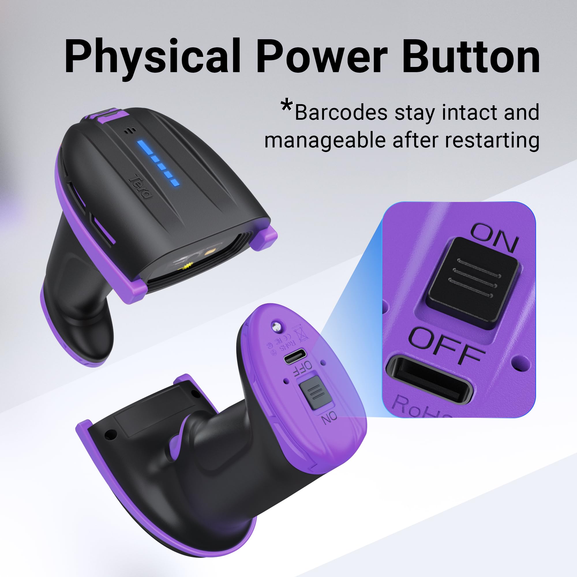 Tera Pro Barcode-Scanner Akku 4400mAh Kabellos 2D QR Bluetooth 2.4G Wireless USB D6100 Lila