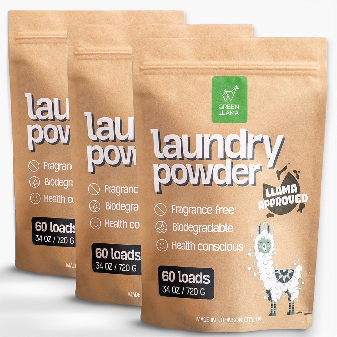 Green Llama Eco-Friendly Laundry Powder, (3-Pack) - Hypoallergenic, 180 Loads Total, Safe for Sensitive Skin, Biodegradable Ingredients, Compostable Bag - Effective Unscented Cleaning - without Scoop
