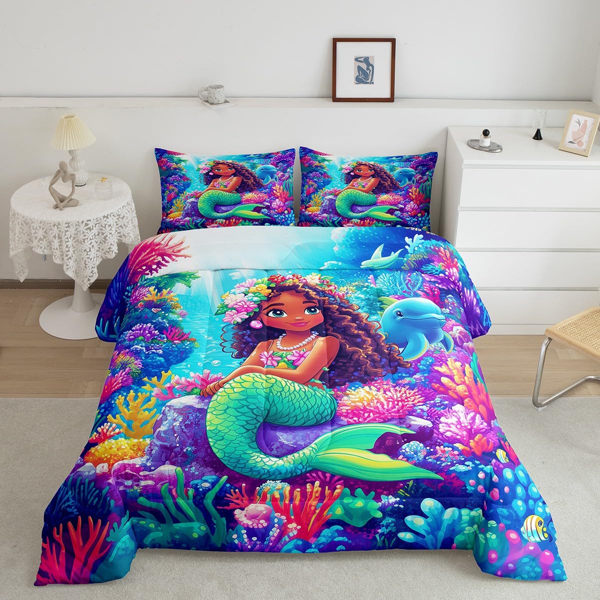 Feelyou Cute Mermaid Bedding Set Full Size African Mermaid Comforter Set for Kids Adult Boys Girls Ocean World Duvet Set Coralline Quilt Set 3Pcs
