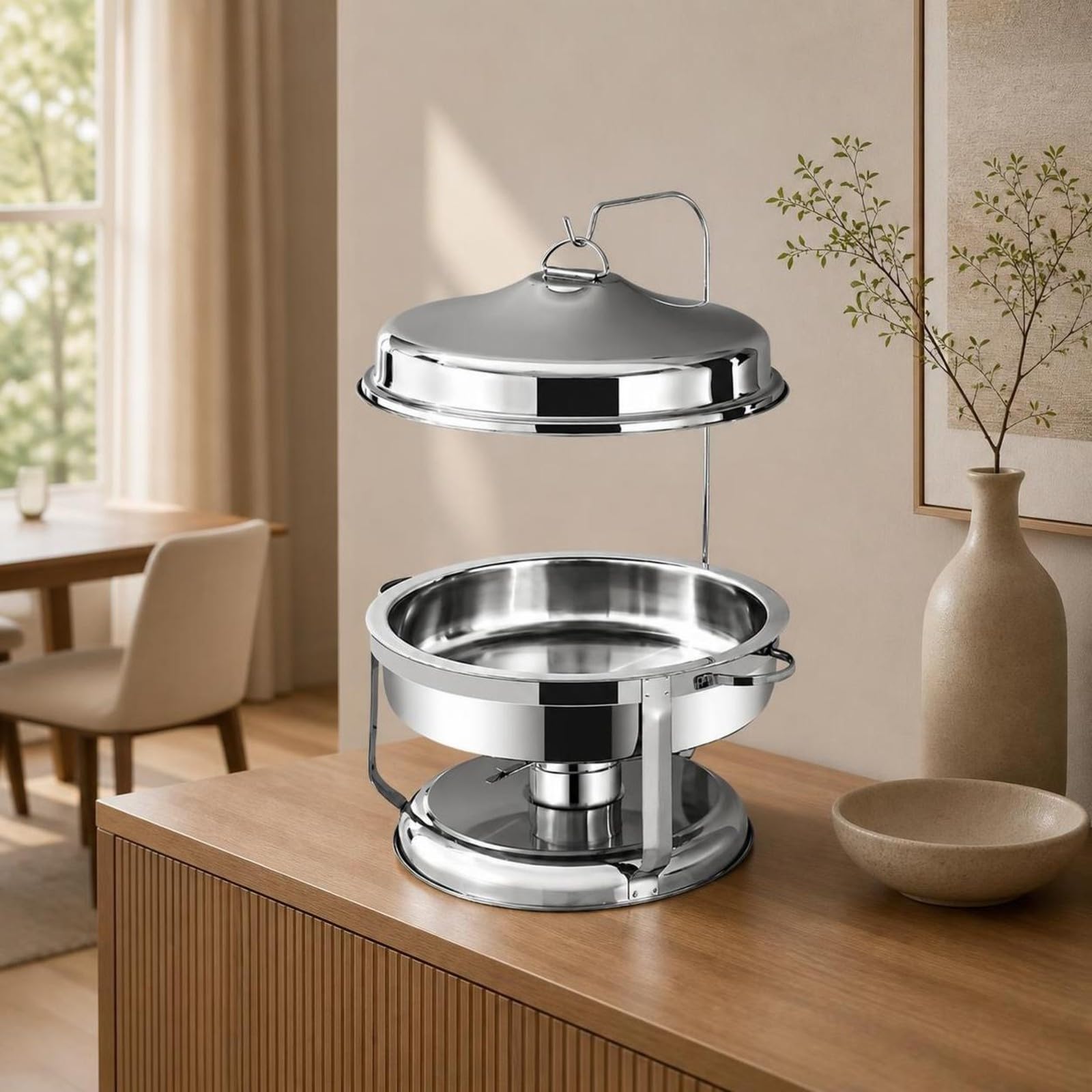 Scaldavivande In Acciaio Inox, Scaldavivande con Coperchio a Rullo, Portatile, Vassoio Riscaldante, per Banchetti, Catering, Argento