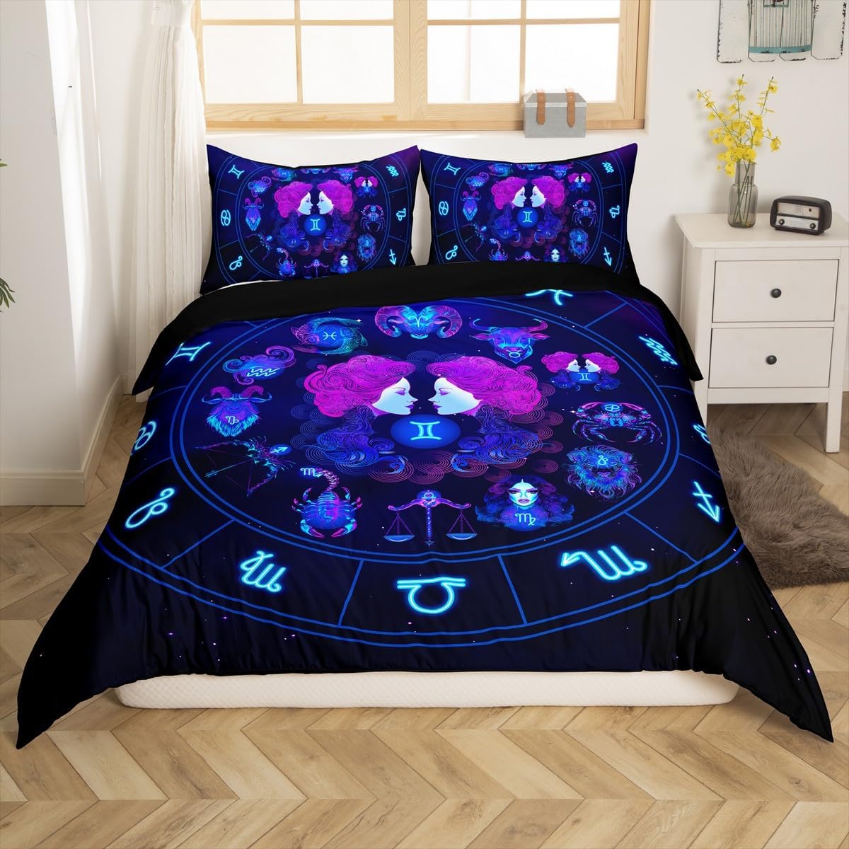 Erosebridal Gemini Comforter Cover Twelve Signs Bedding Set King Size,Constellation Duvet Cover for Kids Child,Zodiacal Types Bed Sets Astrological Signs Purple Blue Starry Sky Bedroom Decor