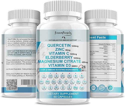 GREENPEOPLE Quercetina 1000 mg de zinc 50 mg de saúco con bromelina vitamina C 1000 mg de vitamina D3 5000 IU, cápsulas de quercetina 22 en 1 60