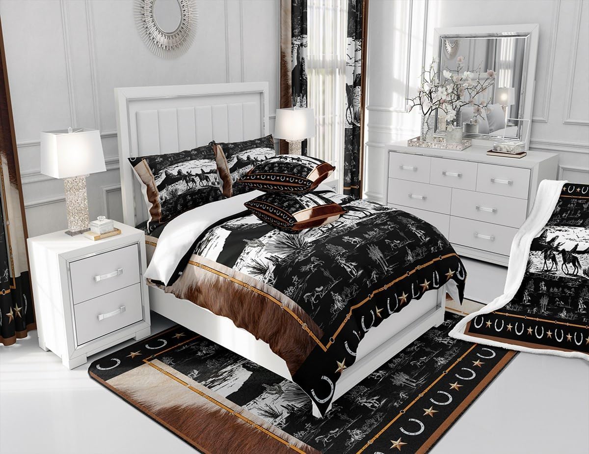 Feelyou Western Aztec Comforter Set King Size Horse Cowboy Bedding Set for Boys Men Kids Teens Rustic Western Decor Country Wild West Down Comforter Black and White Duvet Set with 2 Pillowcase - Image 6