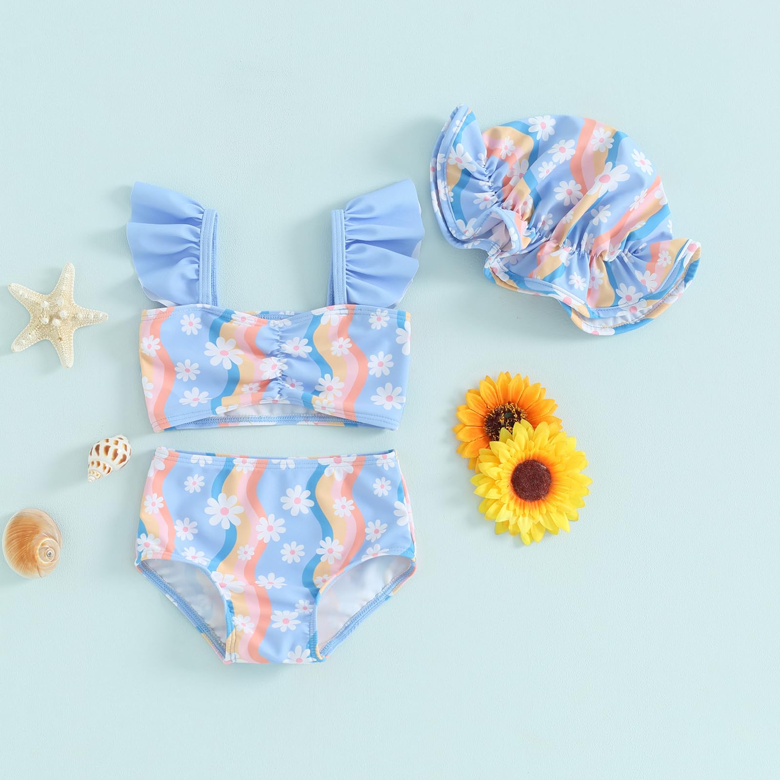 Baby Girl Floral Swimsuit Toddler Striped Bikini Set Ruffle Tankini Top Swim Shorts Infant Bathing Suit with Sun Hat (Blue, 18-24 Months)