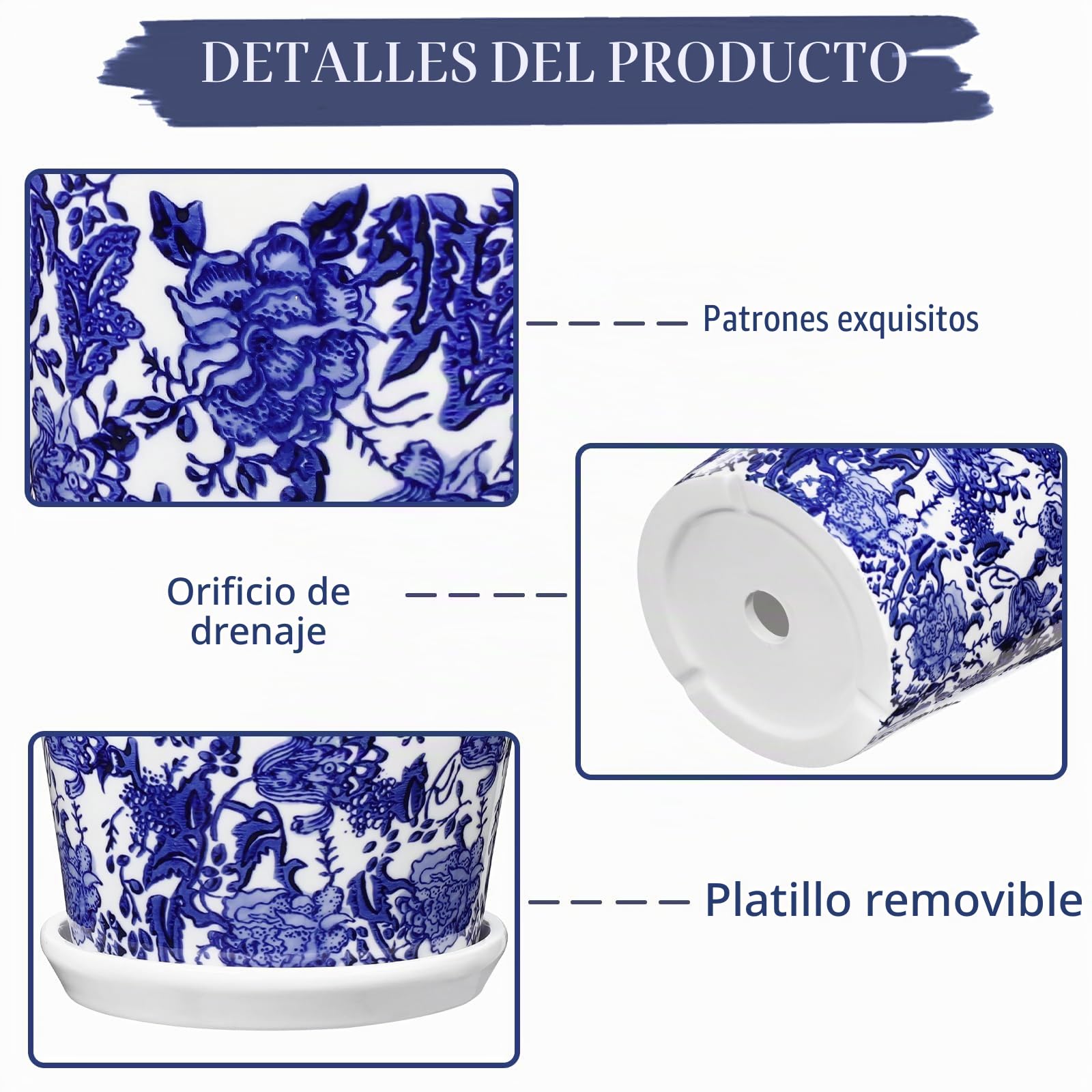 Oairse Juego de 3 macetas pequeñas de cerámica de 15 cm con platillos, agujero de drenaje, maceta azul y blanca para interiores y exteriores, maceta decorativa para suculentas, hierbas, cactus