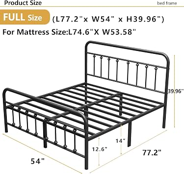 Vengarus Metal Bed Frame, Full Size Bed Frame with Headboard, Structurally Stable, Heavy Duty Steel Slat Support, Under Bed Storage, No Box Spring Required, 14, Black | 14インチのフルメタルプラットフォームフレーム、頑丈なスチールスラットサポート、ノイズフリー、組み立てが簡単、分解と輸送が簡単。