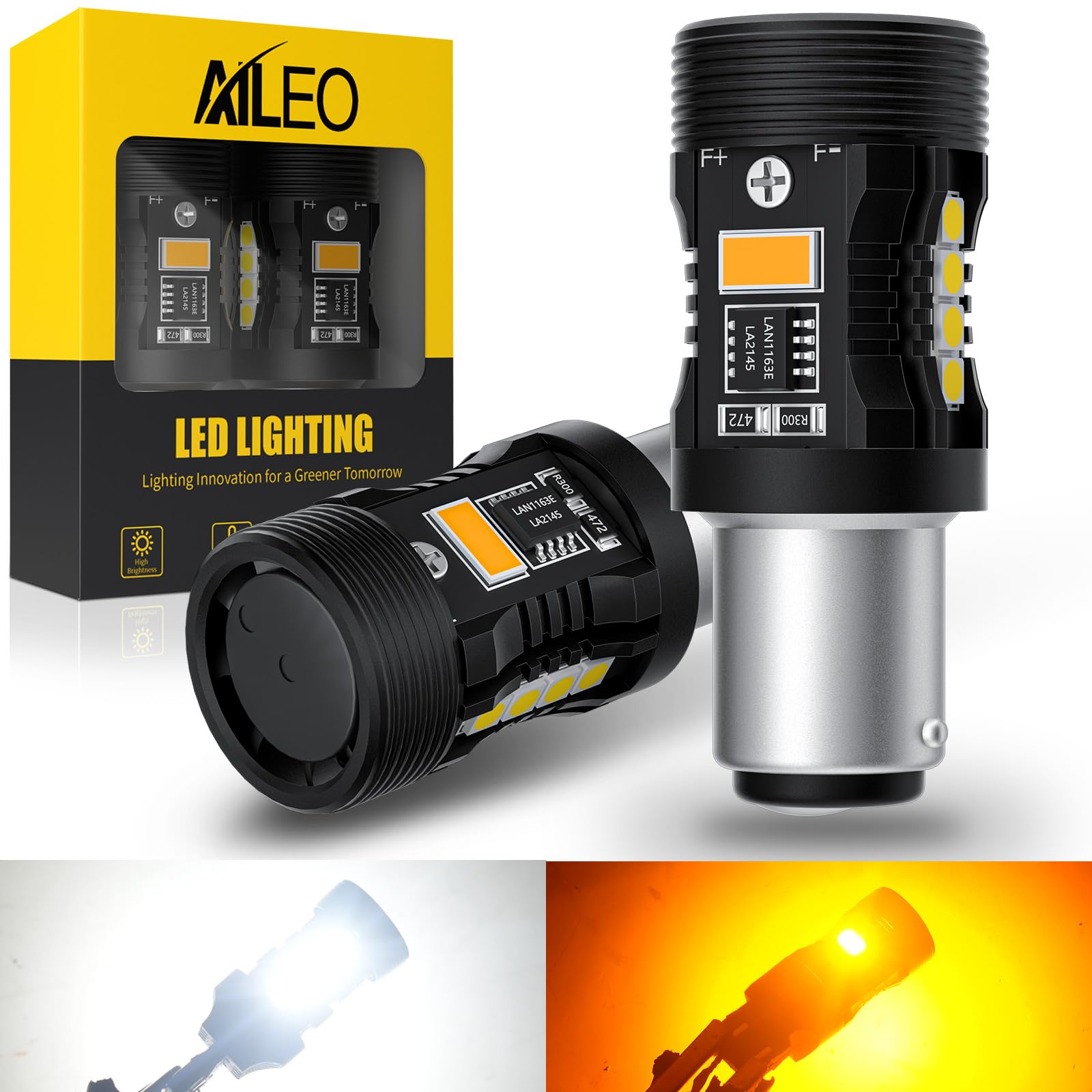 AILEO 1157 Switchback LED Bulbs,Dual-Color White/Amber,28W 4800LM 600% Brighter,CANBUS Error Free&Cooling Fan,Compatible with 2057 2357 7528 BAY15D P21/5W for Turn Signal,DRL,Parking Lights,2-Pack