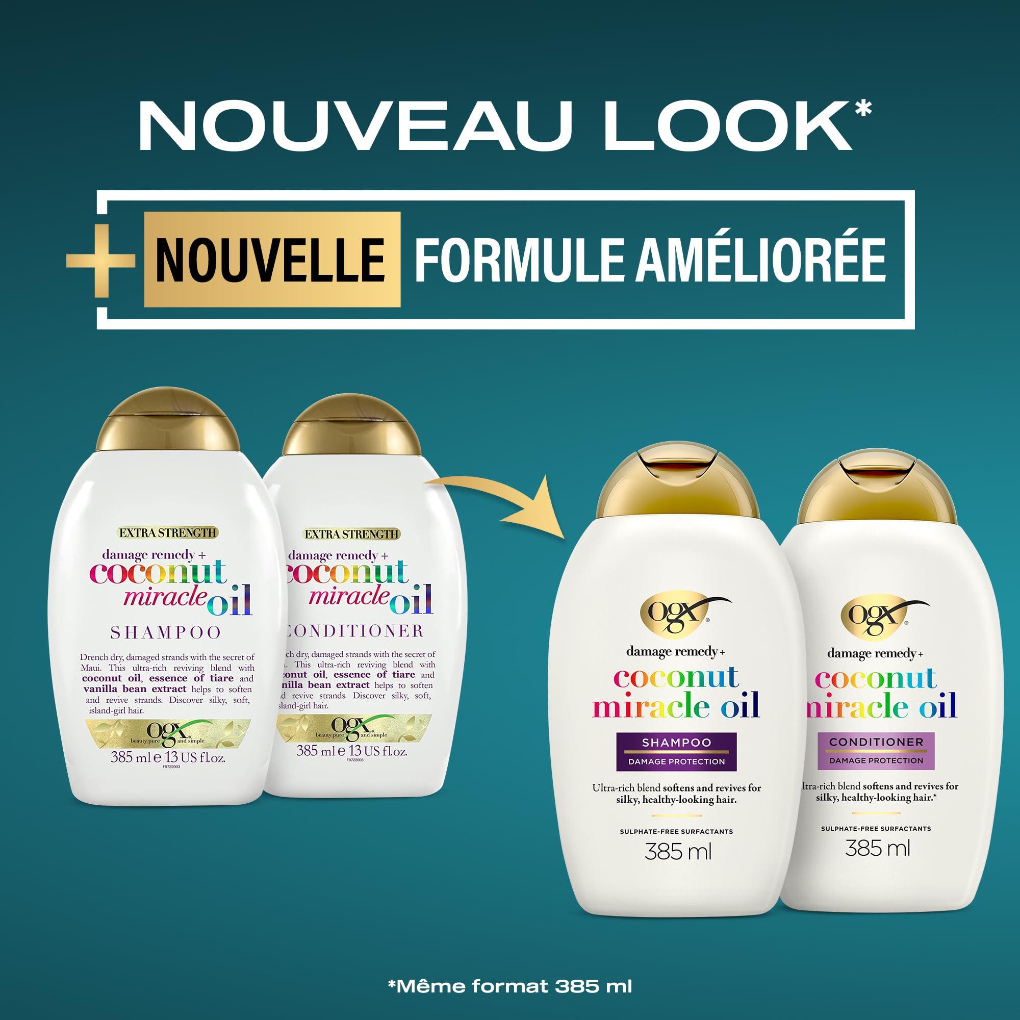 OGX | Shampooing Extra Strength Damage Remedy + Coconut Miracle Oil (flacon de 385 ml) – Shampoing réparateur au lait de coco – Soin pour cheveux secs et abîmés