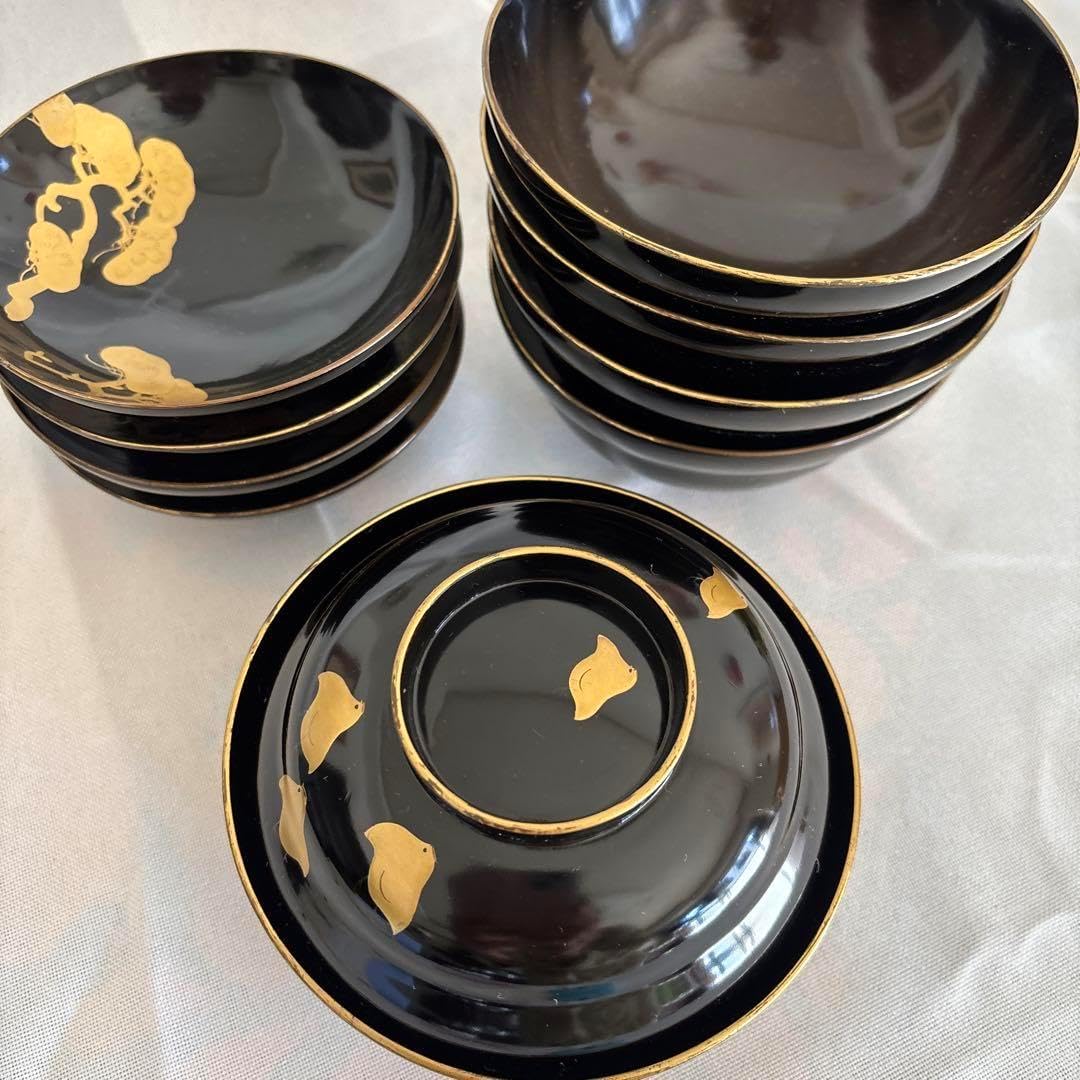 本体のお椀は2段です！輪島塗　骨董品　蓋に水鳥と松の枝模様　5客セット 本体のお椀は2段です輪島塗 骨董 蓋に水鳥と松の枝