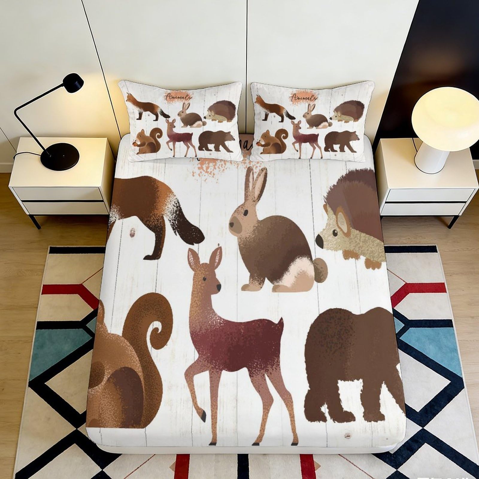 3D Printed Woodland Animals Fitted Sheet Microfiber Soft Brown Forest Creatures Mattress Cover Adult Teen Bedroom Decor 180x200x25cm