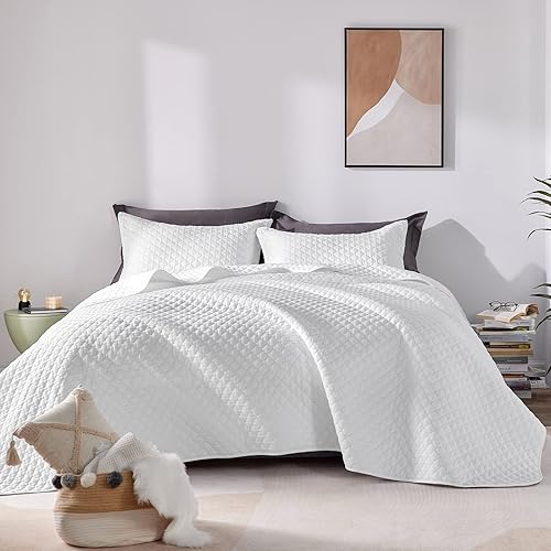 CozyLux Juego de edredón de 3 piezas tamaño Queen y matrimonial, color blanco, colcha ligera y suave, juego de ropa de cama con patrón de linterna