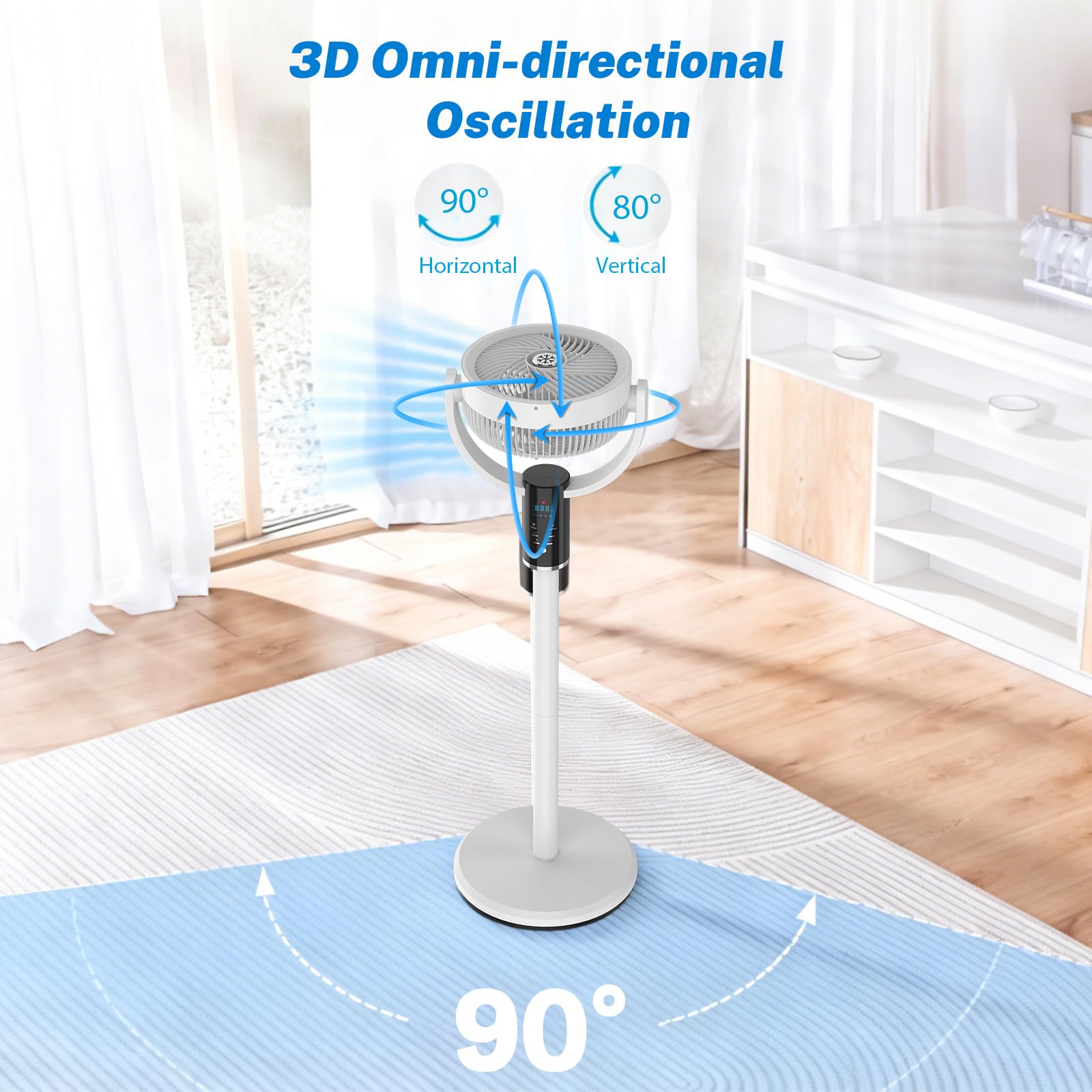 WIWOLER Leiser Standventilator mit Fernbedienung, 3 Höhenverstellbarer Säulenventilator, 8 Geschwindigkeiten, 80° Oszillation, 8H Timer, LED-Display, 3-Stufen Nachtlicht, Für Schlafzimmer, Büro