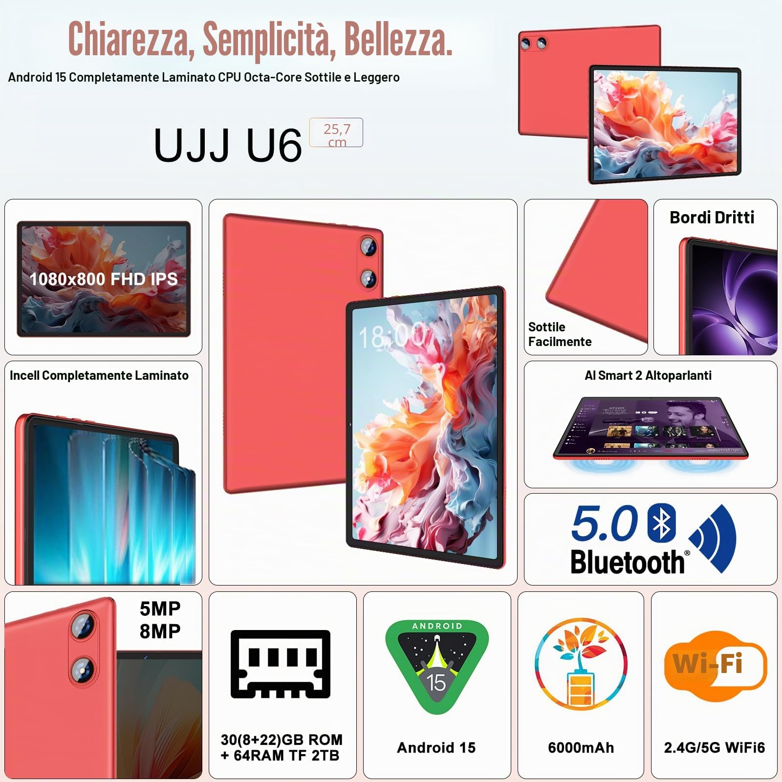 Tablet Android 15 Tablet con Gemini AI, 64GB ROM +2TB TF, 5G WiFi, Octa-Core, Bluetooth 5.0, 5MP+8MP, 1280*800 FHD IPS, GMS Certificazione, Widevine L1, Tablet 10 Pollici con Tastiera e Mouse - Rosso