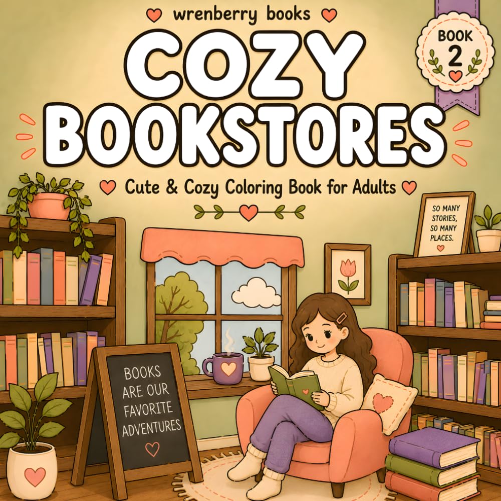 Cozy Bookstores: Cute & Cozy Coloring Book for Adults Featuring Bookstores, Reading Nooks, Bookshops, Libraries, Stress Relief, Relaxation & Mindfulness (Cozy Places Collection)