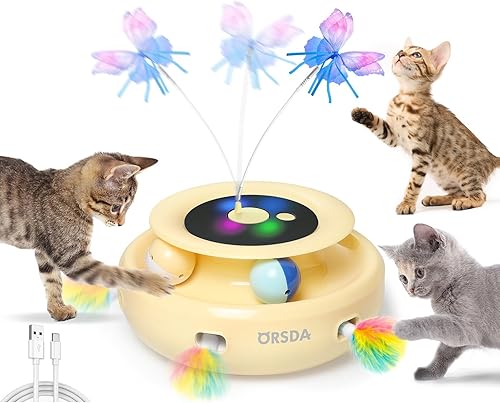 ORSDA Juguete para gatos, 3 en 1, pluma de emboscada electrónica interactiva automática, mariposa aleteante, bolas de pista, recargable por USB, disponible en Yaxa Colombia