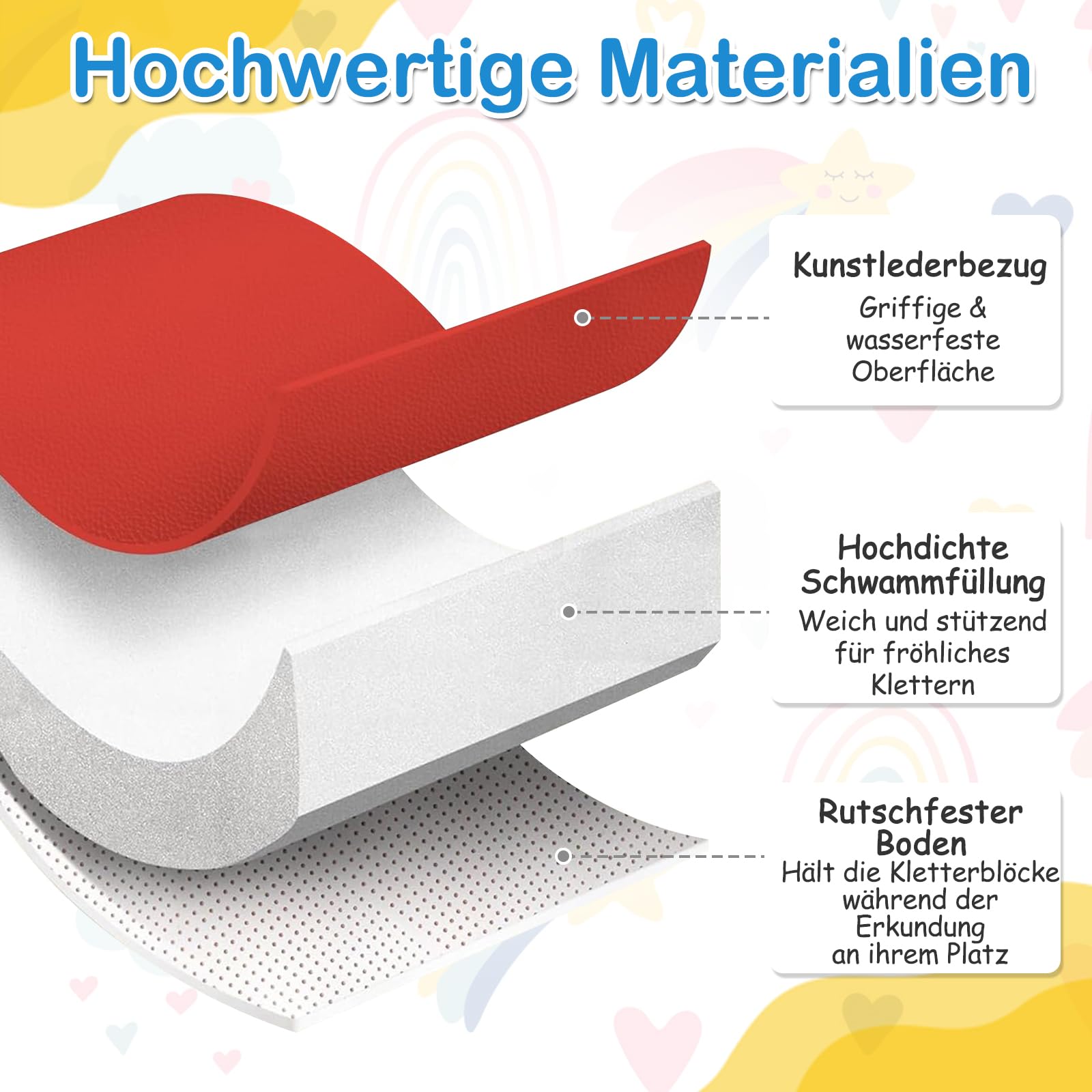 DREAMADE 7 tlg. Softbausteine für Baby & Kleinkinder, Schaumstoff Bausteine mit Klettverschlüssen, Wasserfester Kunstlederbezug, Rutschfeste Basis, Kletterblöcke für Baby Indoor Klettern & Toben, Bunt