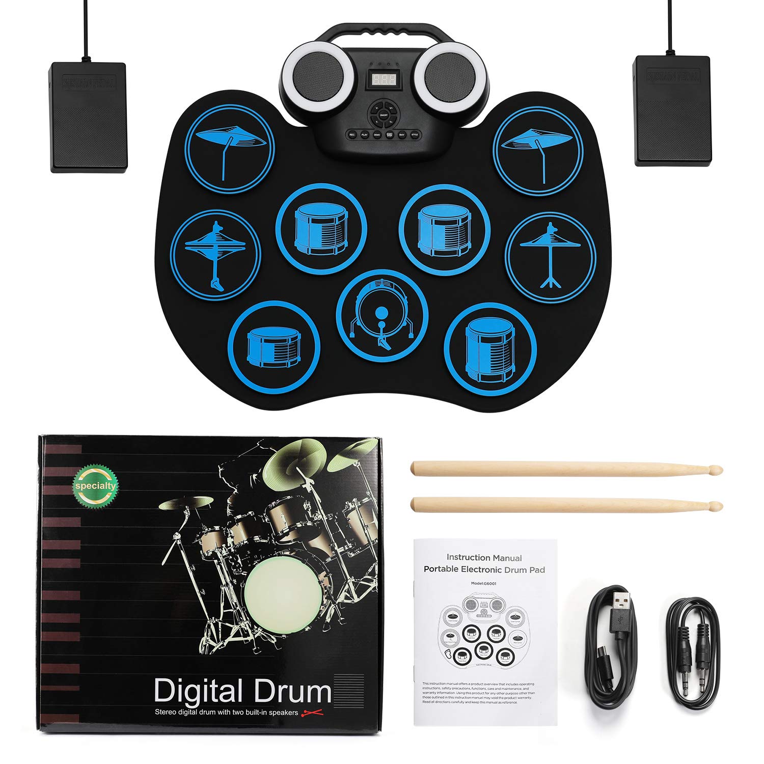 Uverbon Batteria Elettronica Portatile Roll-Up Kit con Altoparlanti Stereo Bluetooth per Bambini
