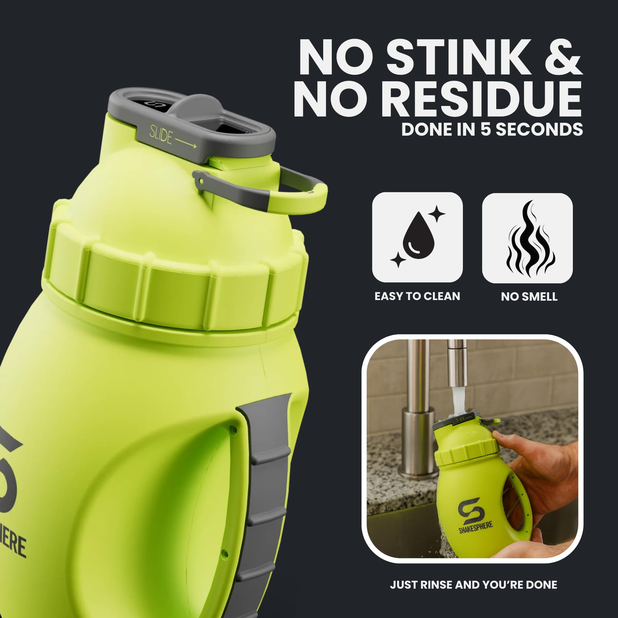 SHAKESPHERE Shaker de protéines 1,3 l – Double paroi, bouteille de gym et mixeur, sans BPA, design durable avec poignée facile à saisir, base en silicone et fenêtre de visualisation transparente