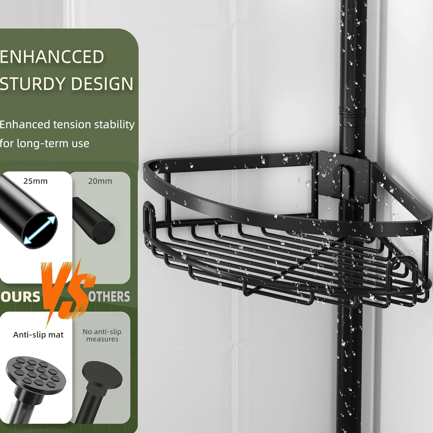 Corner Shower Caddy Tension Pole, 4 Tier Adjustable No Drill Rustproof Large Capacity Space-Saving Shower Shelves Organizer Storage Rack 45.29-119in for Bathroom Bathtub Family Renters, Black