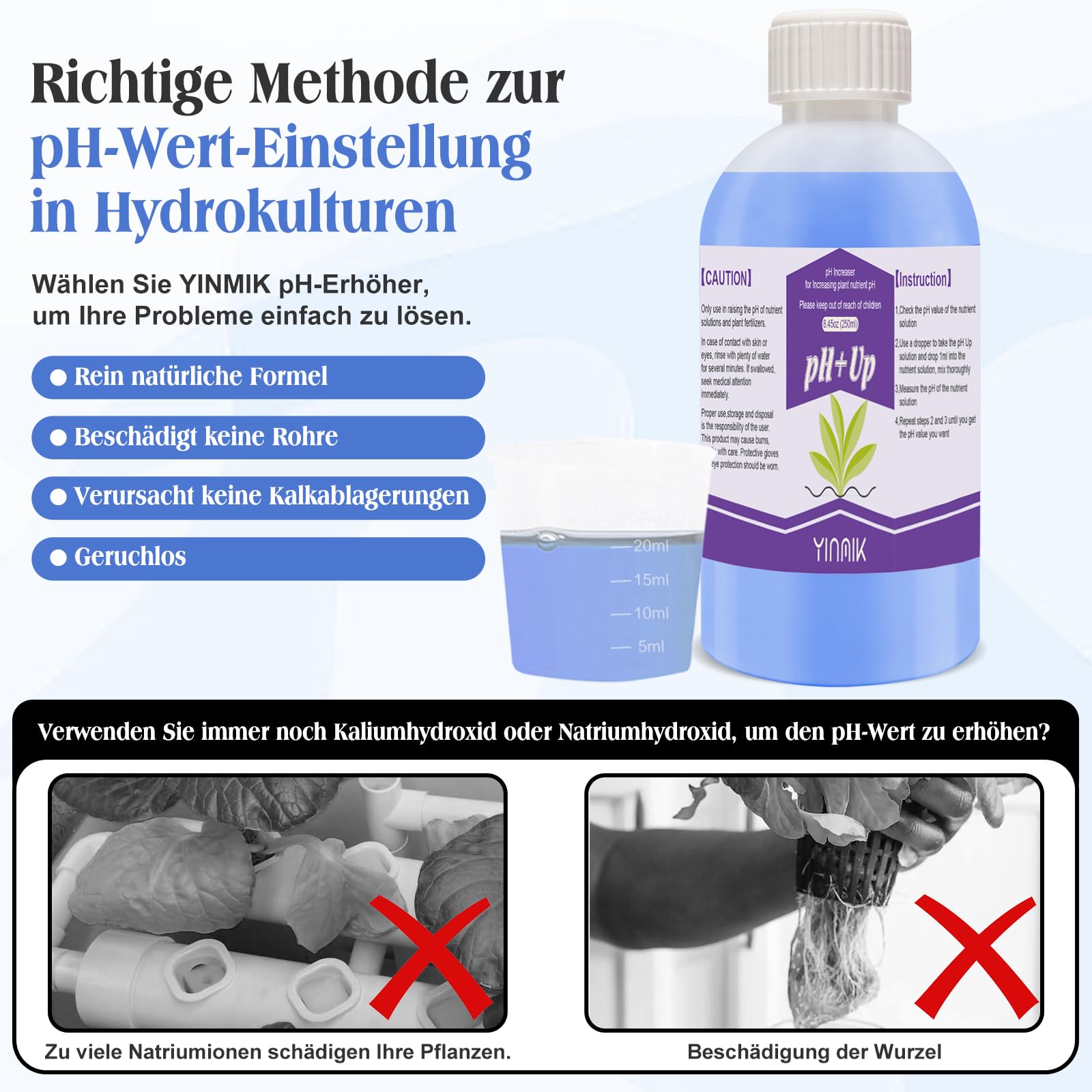 pH Regulator für Hydrokultur, pH Up and pH Down Liquid, pH Regulatorflüssigkeit zur Senkung oder Erhöhung des pH Werts, 250 ml Premium-Puffer, geeignet für alle Hydrokultursysteme (Erde und Wasser)