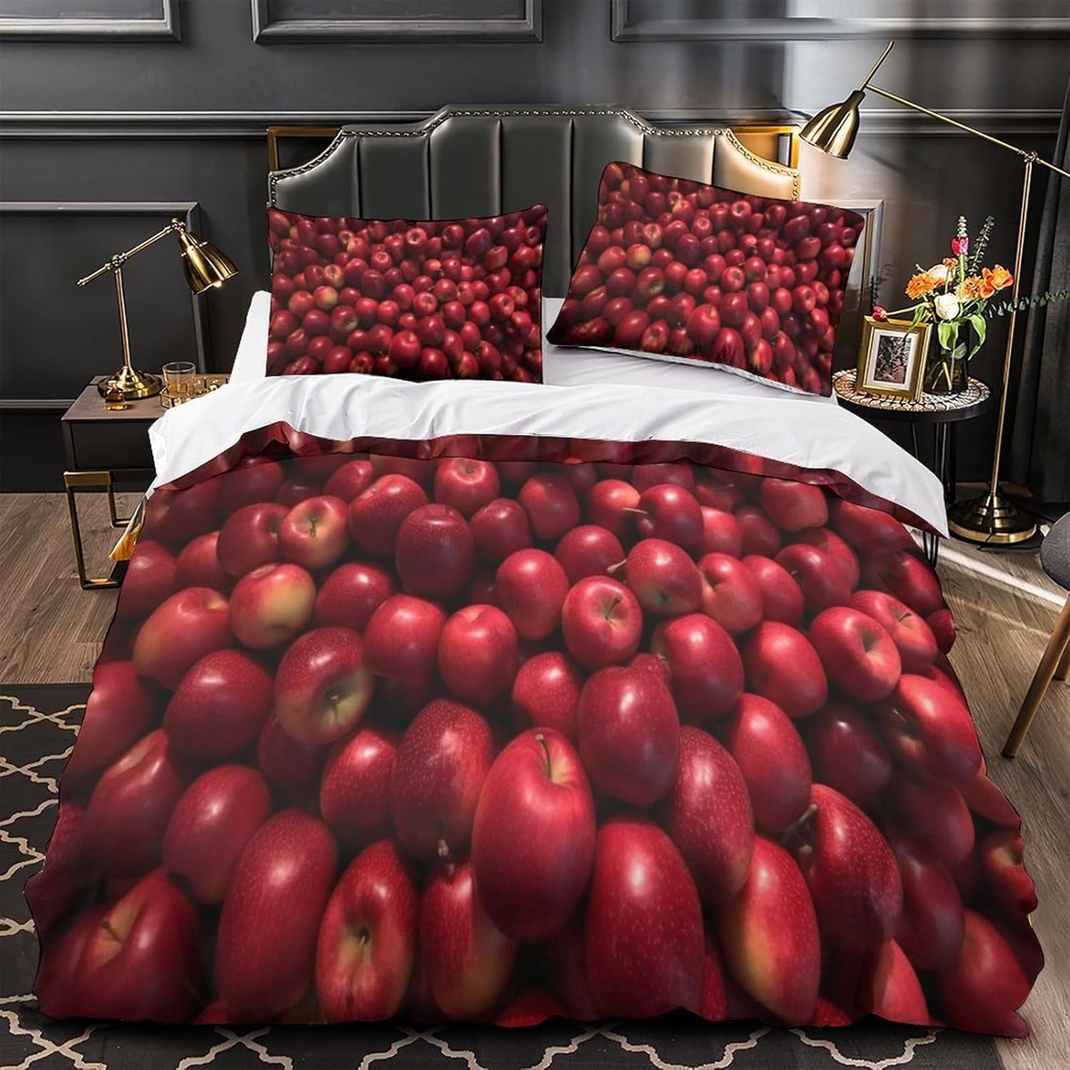 Komplet pościeli 220 x 240 cm, czerwone jabłko, miękka pościel z mikrofibry, druk 3D, owoce, 3-częściowy, poszwa na kołdrę z zamkiem błyskawicznym i 2 poszewki na poduszkę 80 x 80 cm, f.4392