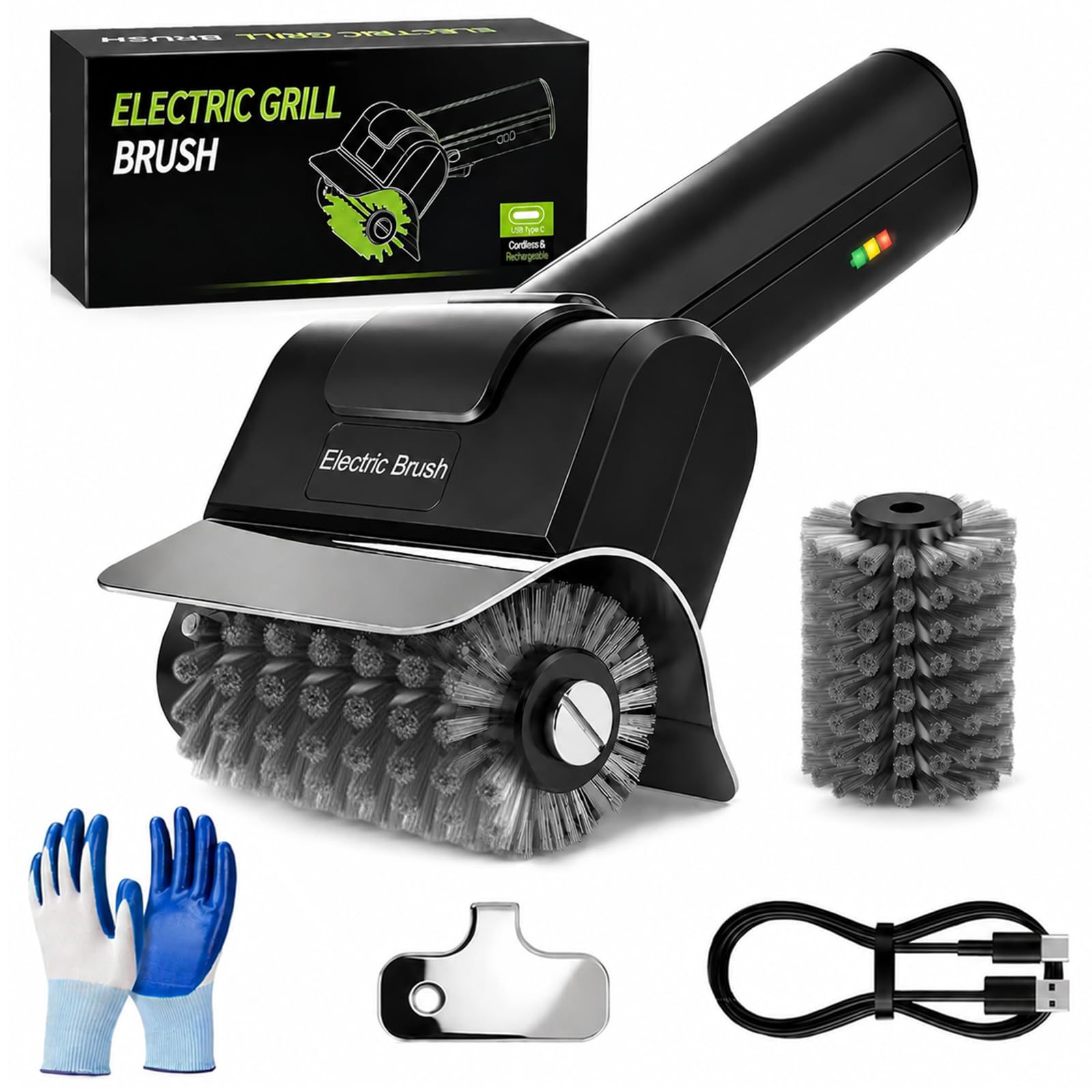 Cepillo Electrico Barbacoa, Limpiador de Parrilla Electrico 3 en 1 Recargable Cepillo con Cerdas de Alambre de Alto Par por USB Herramienta Automática de Limpieza de Barbacoa