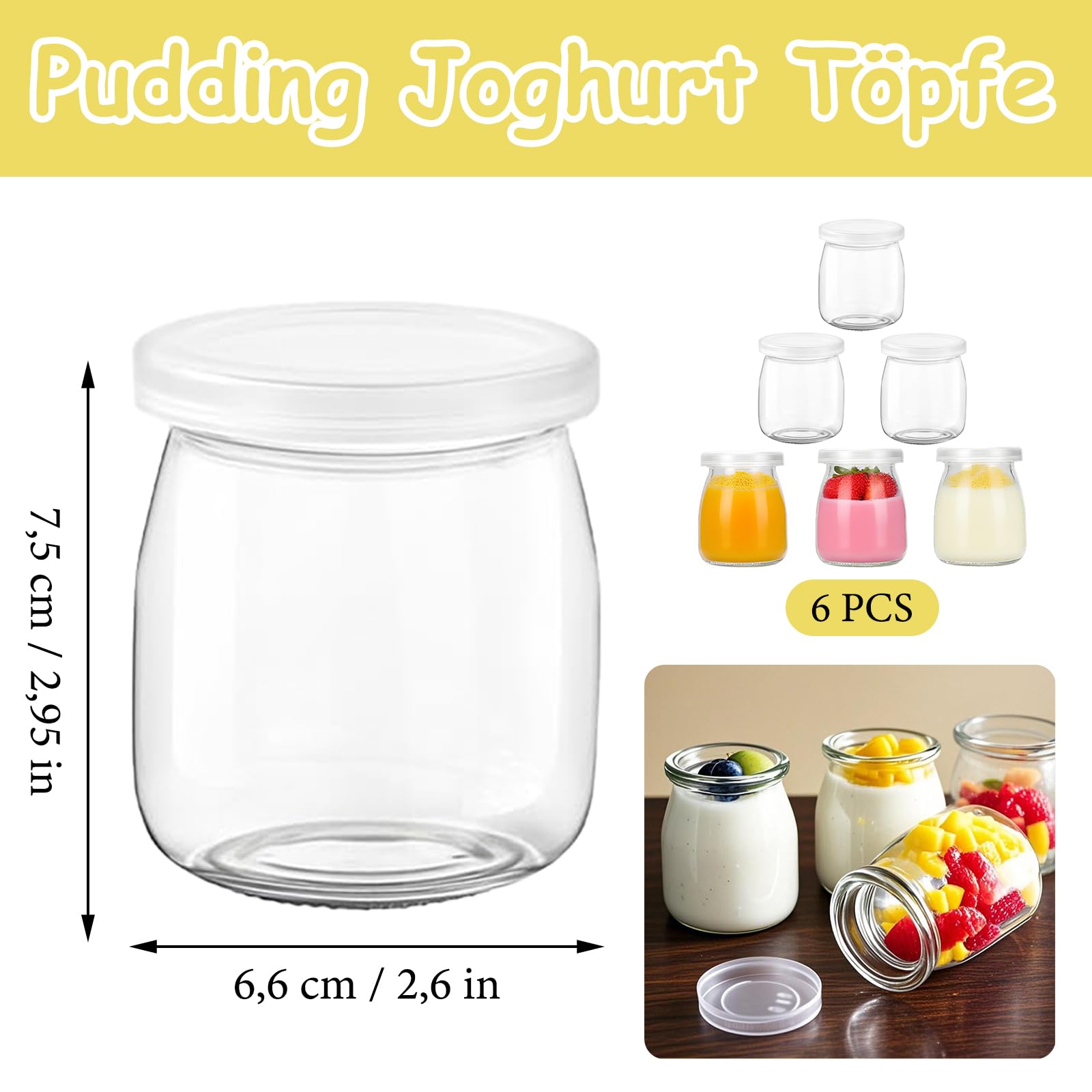 Pudding - Vasi, 6 bicchieri da dessert in vetro con coperchio, 200 ml, multiuso, per marmellate, miele, mousse, dessert