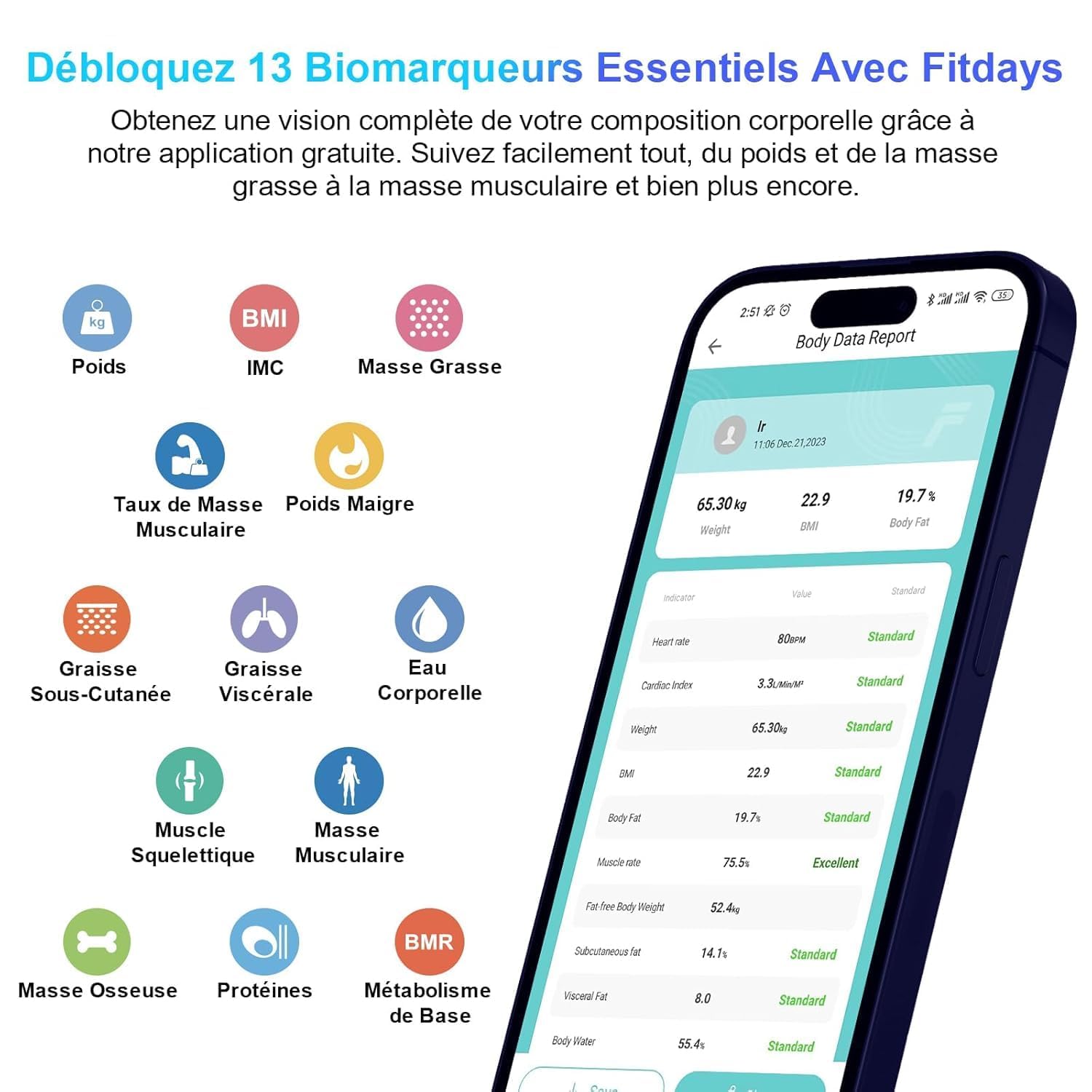 Healthkeep Pèse Personne Numériques, Balance Connectée Bluetooth Impédancemètre avec 13 Données Corporelles (BMI/Graisse Corporelle/Masse Osseuse/BMR/Muscle/Eau) pour APP Max 180kg