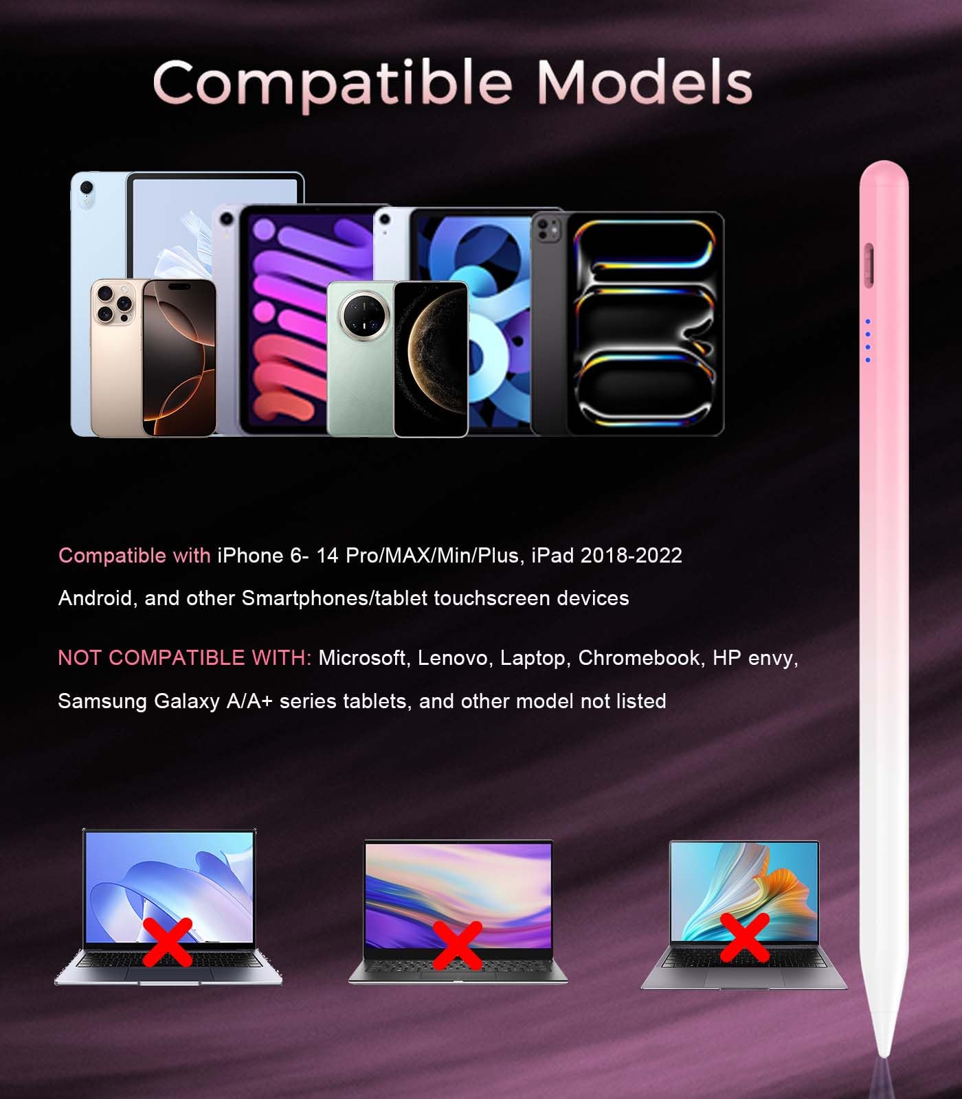 CMARS - Penna stilo universale per touchscreen, per tablet Apple iPad/iPhone/Samsung/Huawei/Xiaomi/Android e altri dispositivi, pennino ricaricabile per tablet con funzione magnetica, colore rosa