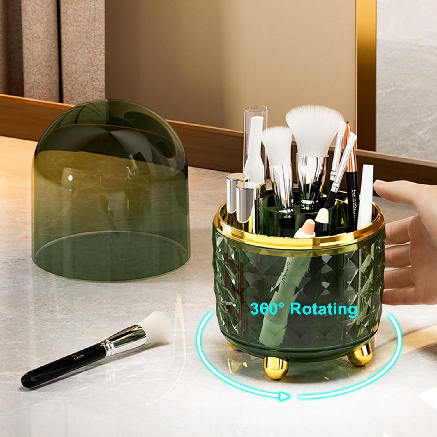 Schreibtischablage Make-up-Pinselhalter, 360 Drehbarer Make-up-Pinsel-Organizer, Staubdichte Make-up-Organizer Und Aufbewahrung Für Den Schminktisch Vielseitig Einsetzbar(Grün)