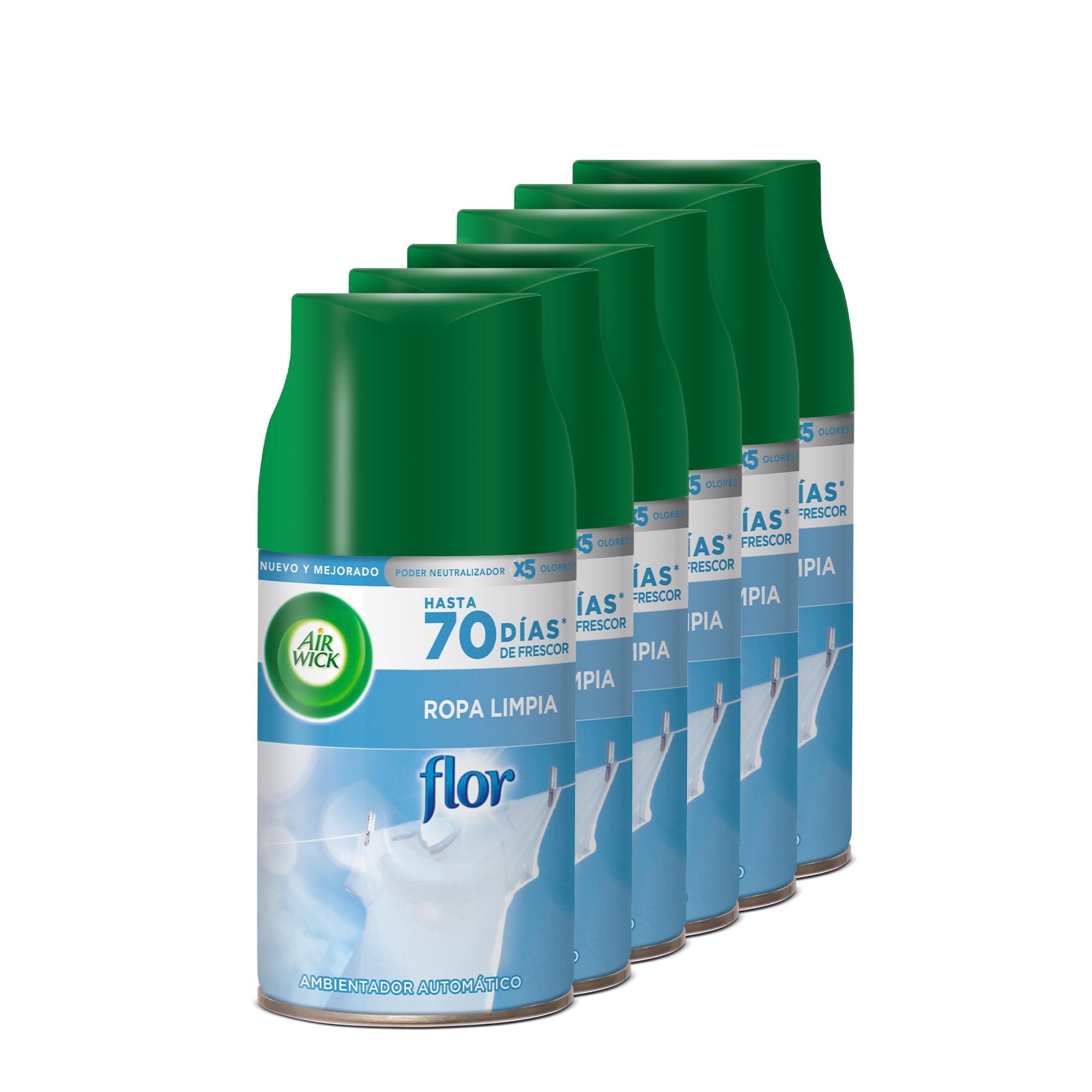 Air Wick Freshmatic - Recambios de ambientador spray automático, Esencia para casa con aroma a Flor Ropa Limpia, Azul, 250 ml (Paquete de 6) en oferta en Amazon