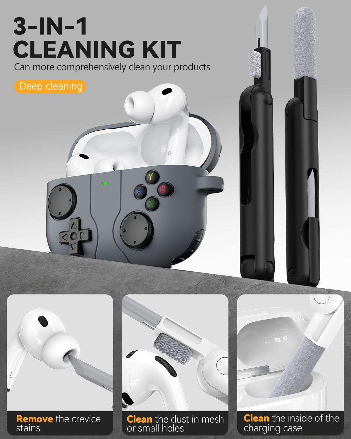 Game Case for AirPods Pro 3 Cover (2025),Classic Cool Funny Shock-Proof Protective Silicone AirPods Pro 3 Case with Cleaner Kit and Keychain for Airpods Pro 3rd Generation for Men Boy-Black