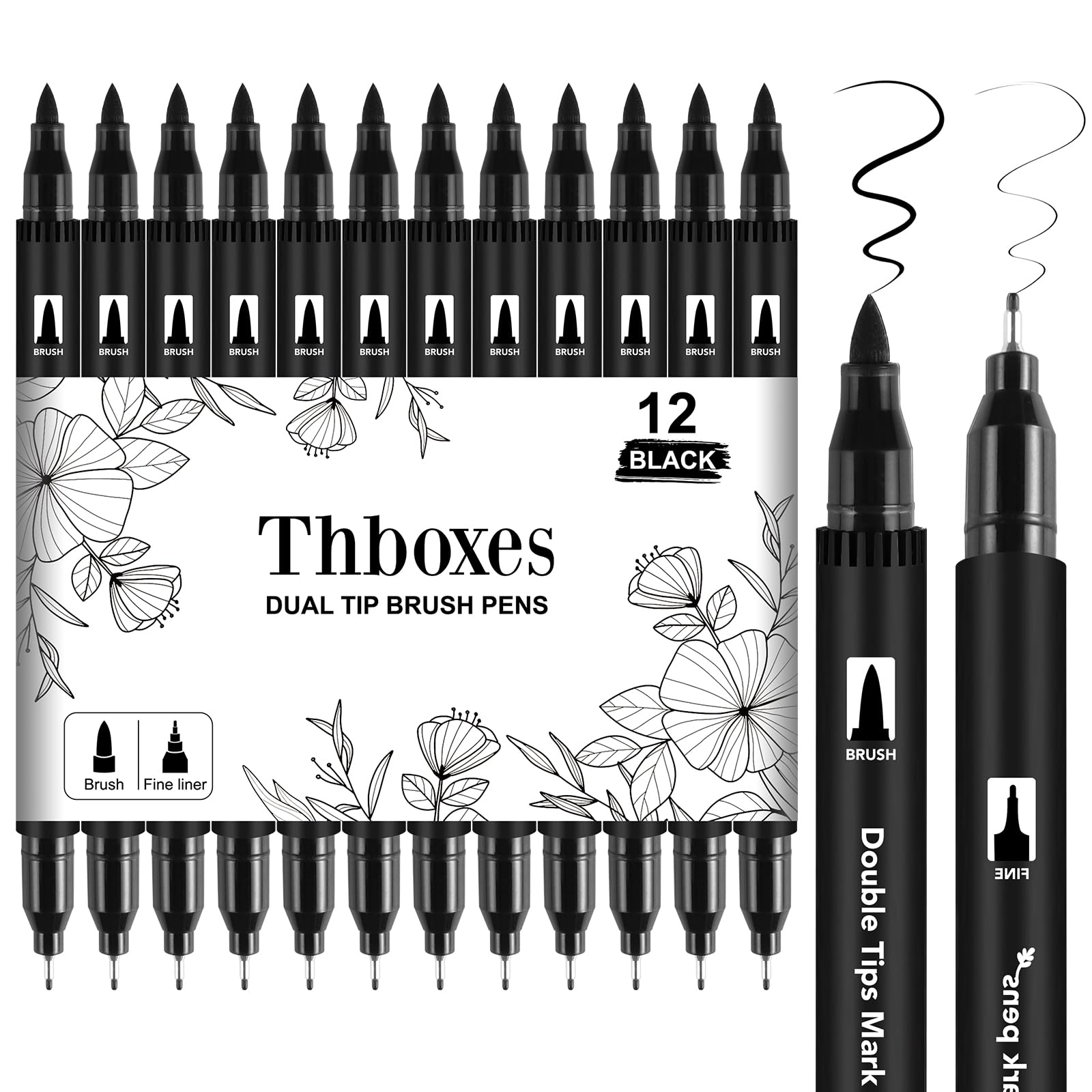 Thboxes 12 Pack Felt Tip Pens, Dual Tip Black Markers Washable Colouring Pens Water-Based Markers for Adults and Kids Art Drawing Sketching Journaling Calligraphy — image 1
