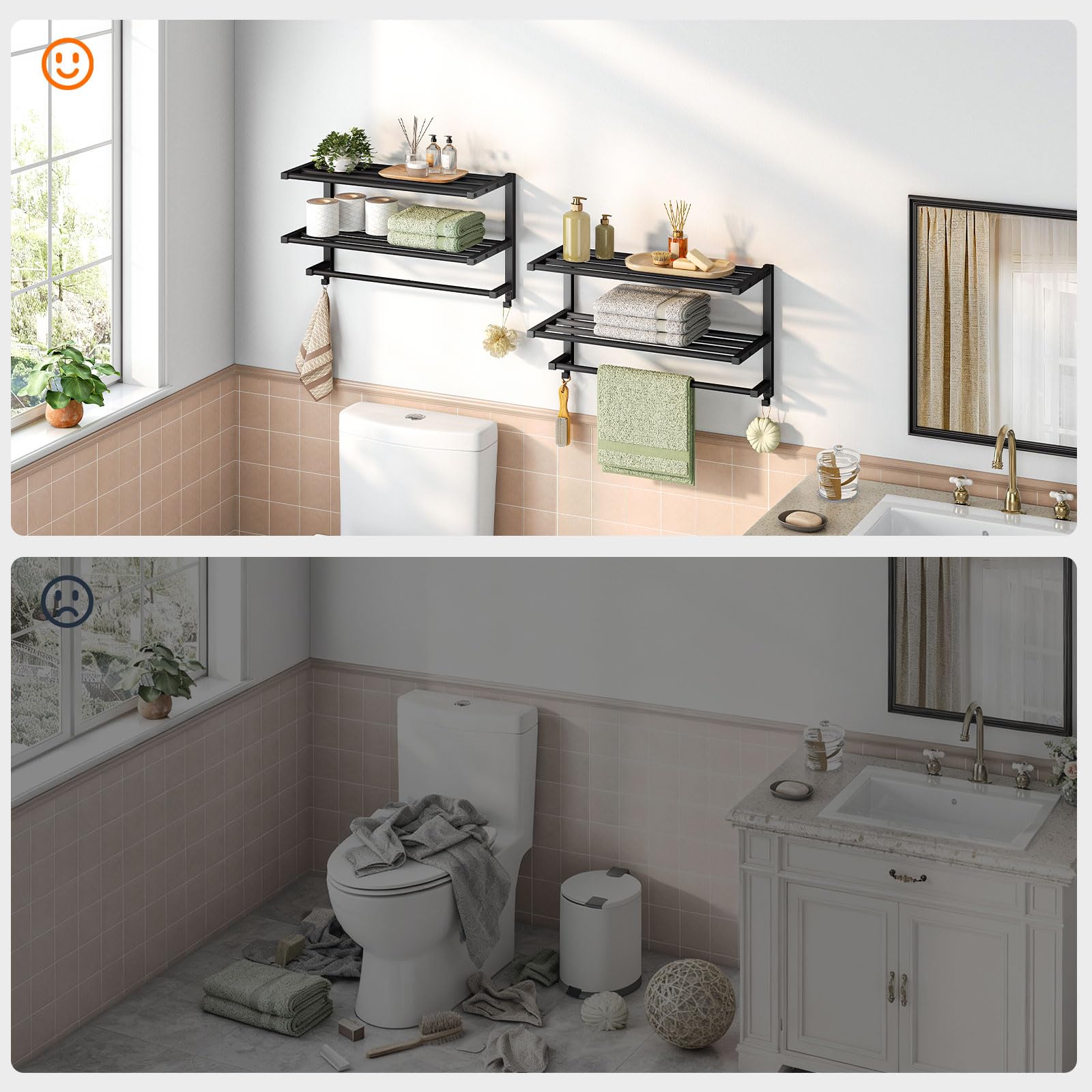 Toallero de Pared de 3 Niveles con Ganchos, Estante Metálico de Baño, para Toallas y Objetos de Aseo, 60,5 x 21,5 x 38,5 cm, Negro EBK08LB01